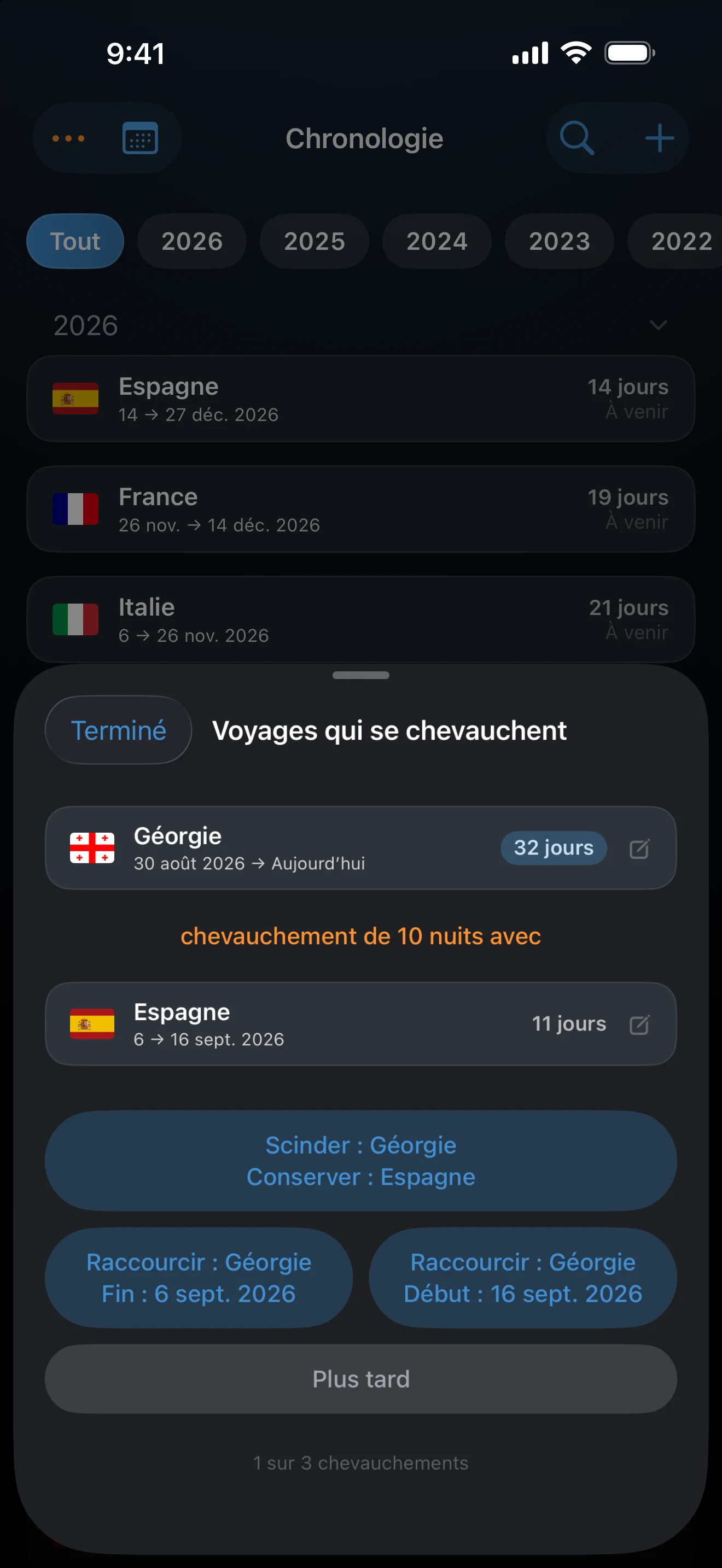 Fiche Voyages qui se chevauchent avec les options de raccourcissement pour deux voyages