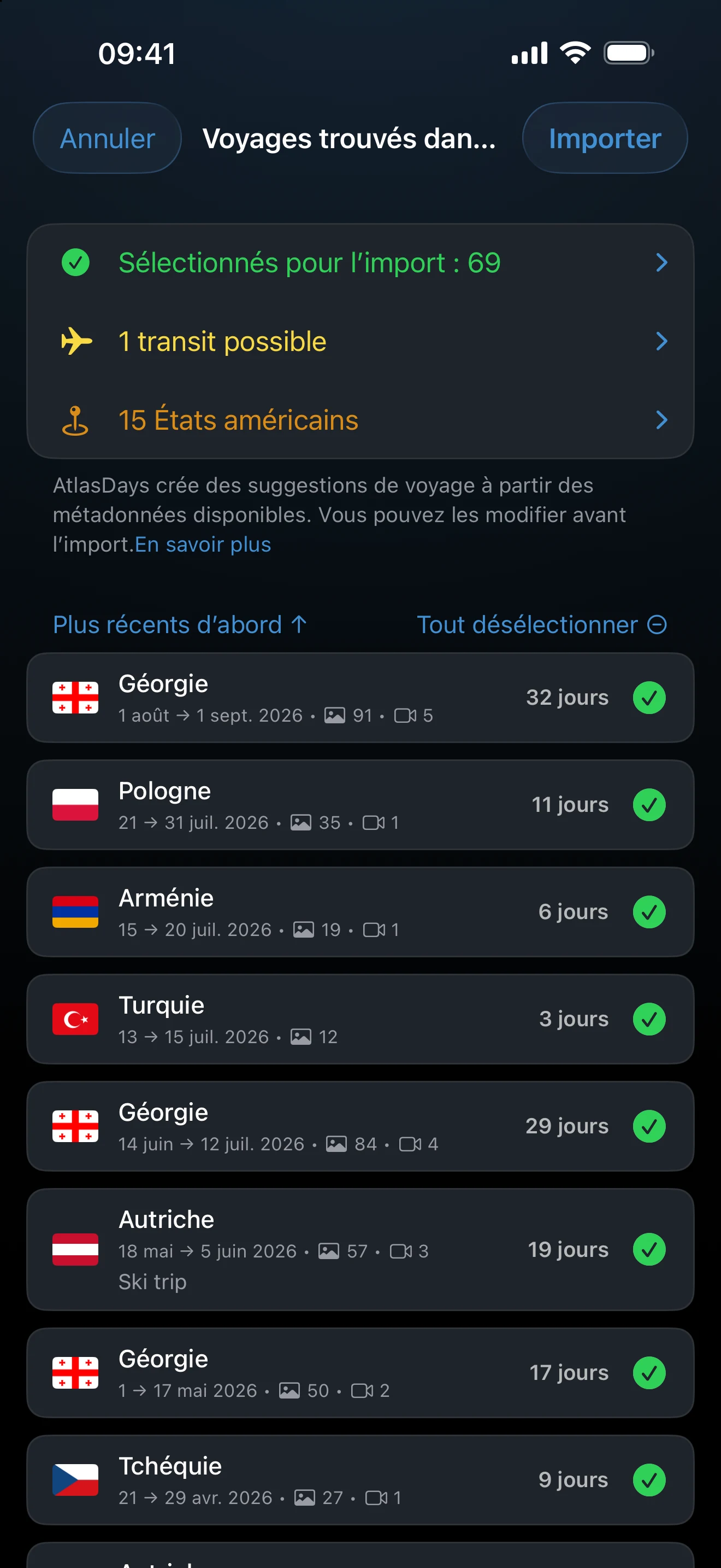 Vérification de l’import de photos avec voyages proposés et avertissements