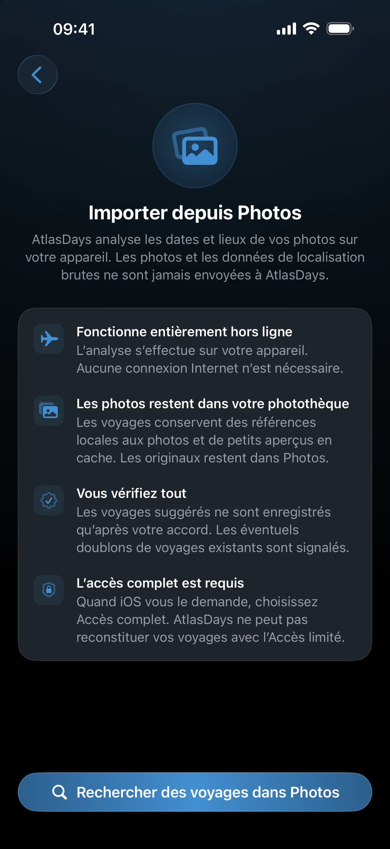 Écran de configuration de l’import de photos