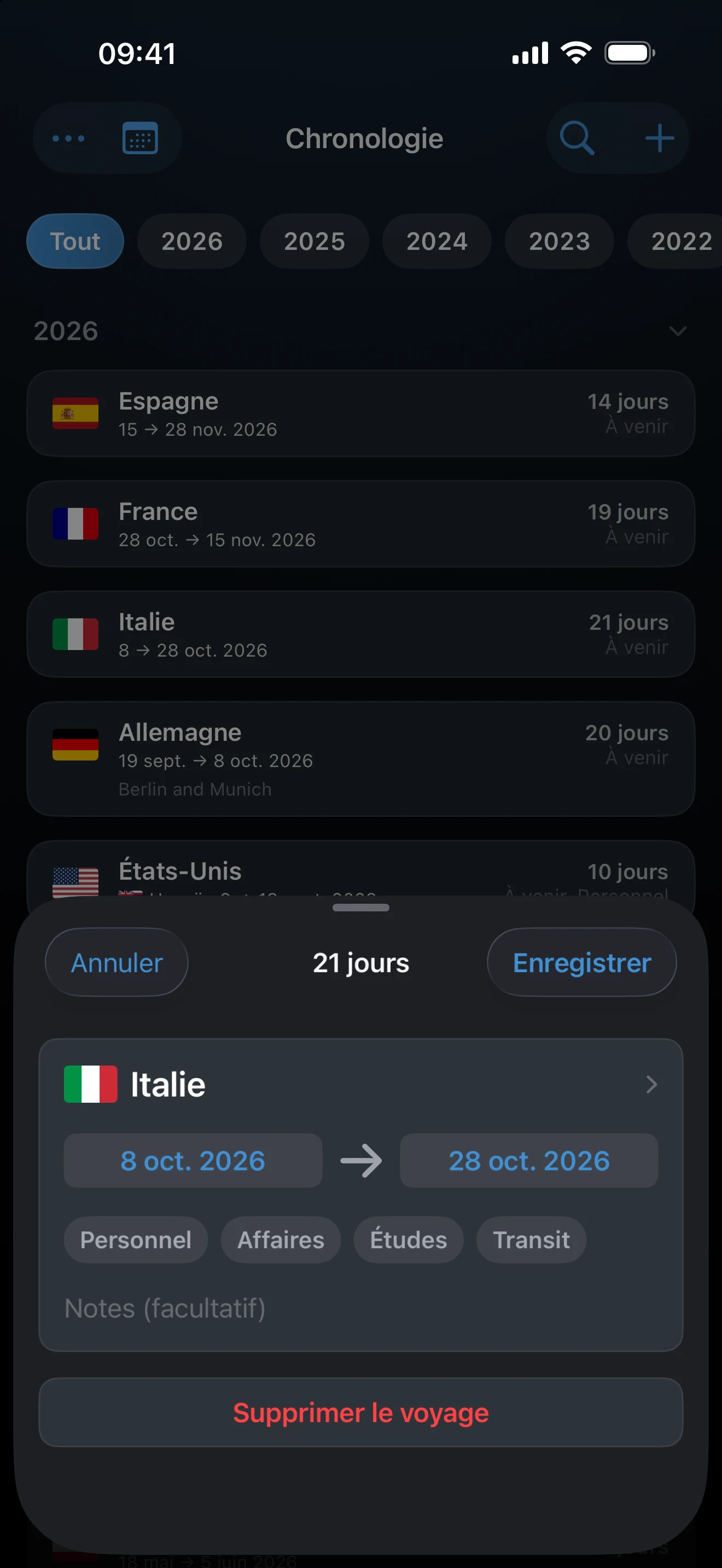 Feuille Ajouter un voyage avec des dates futures saisies