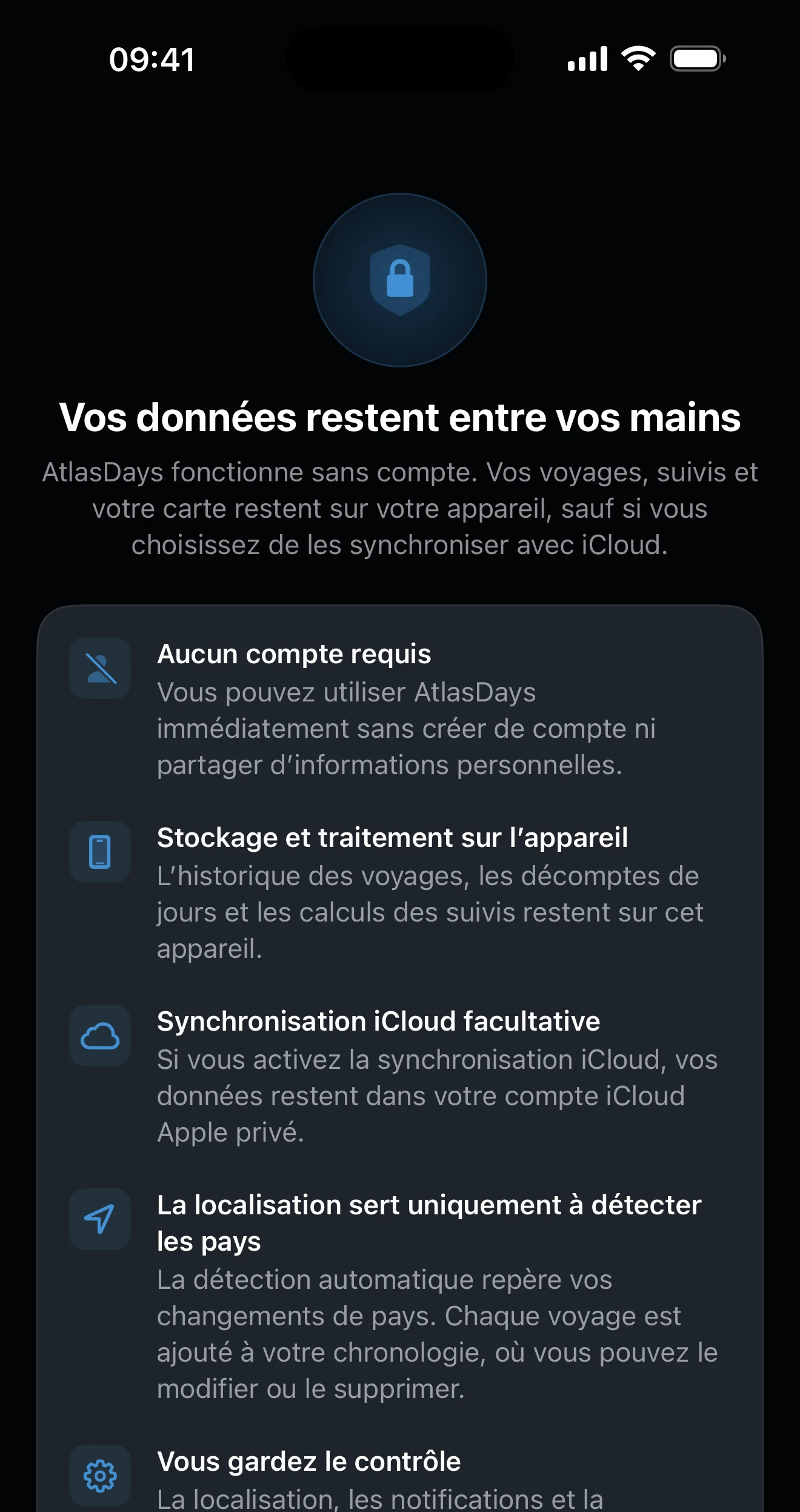 Vue d’ensemble de la confidentialité dans AtlasDays résumant les données et les autorisations