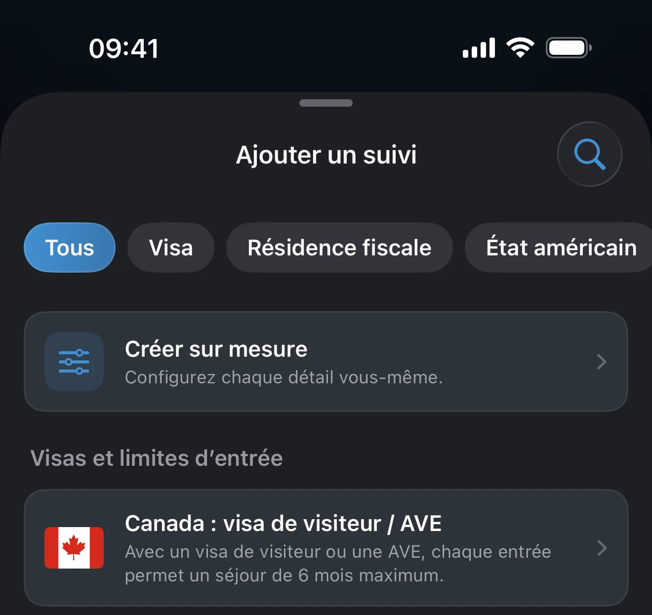 Feuille Ajouter un suivi avec le filtre Visa sélectionné