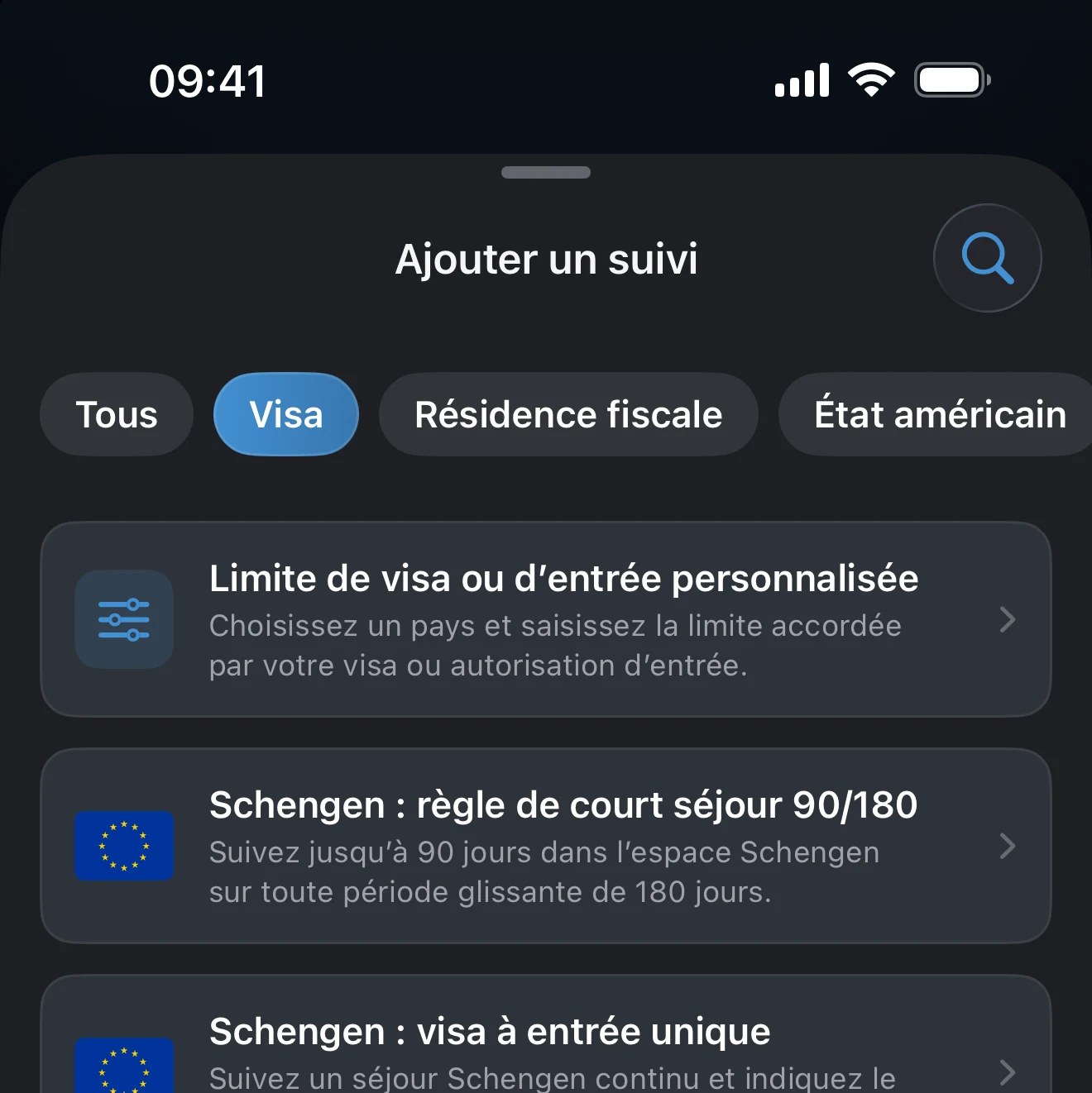 Préréglages Schengen dans la section Visas et limites d’entrée : règle de court séjour 90/180 et visa à entrée unique