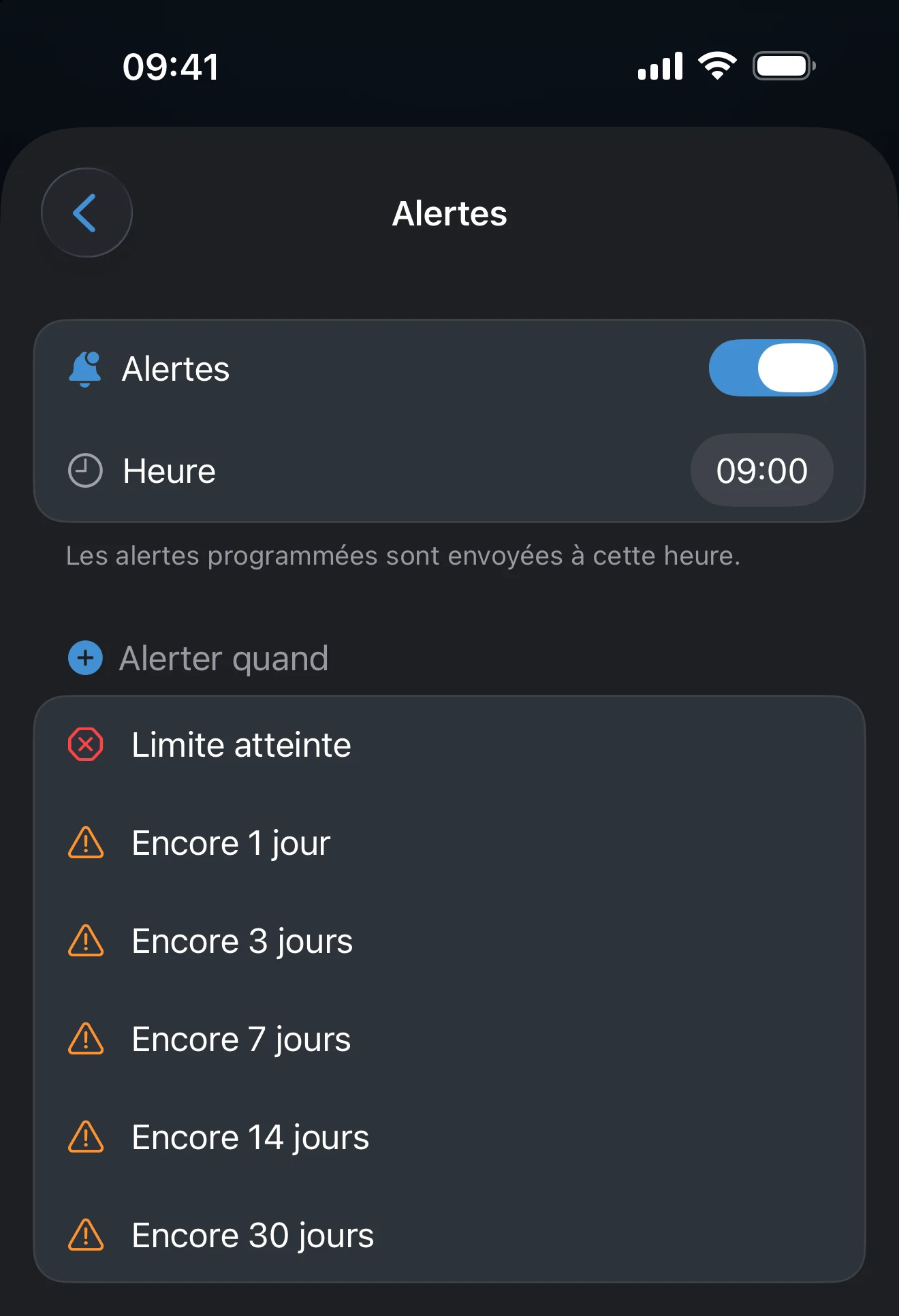 Écran des alertes du suivi avec l’heure d’envoi et la liste des seuils