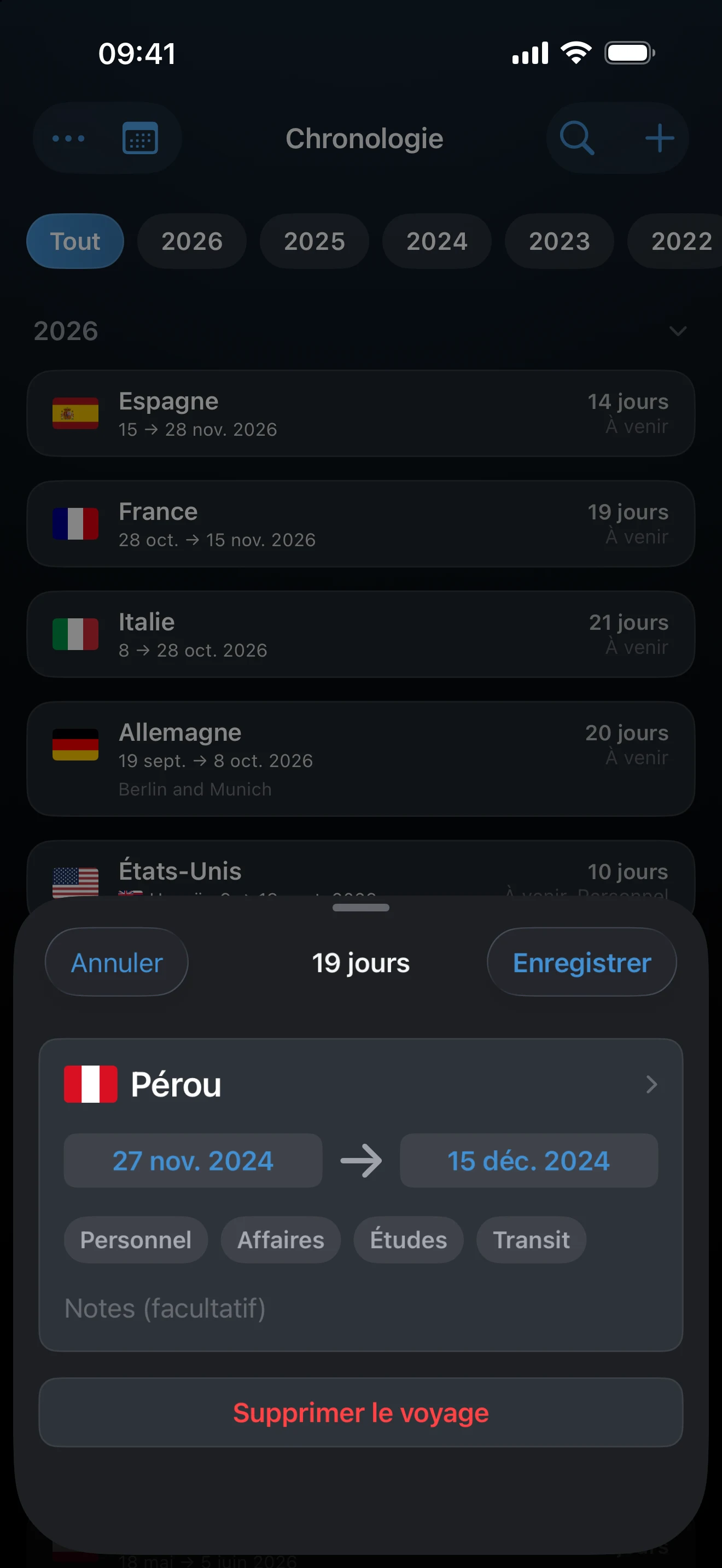 Fiche Modifier le voyage montrant le pays et les dates