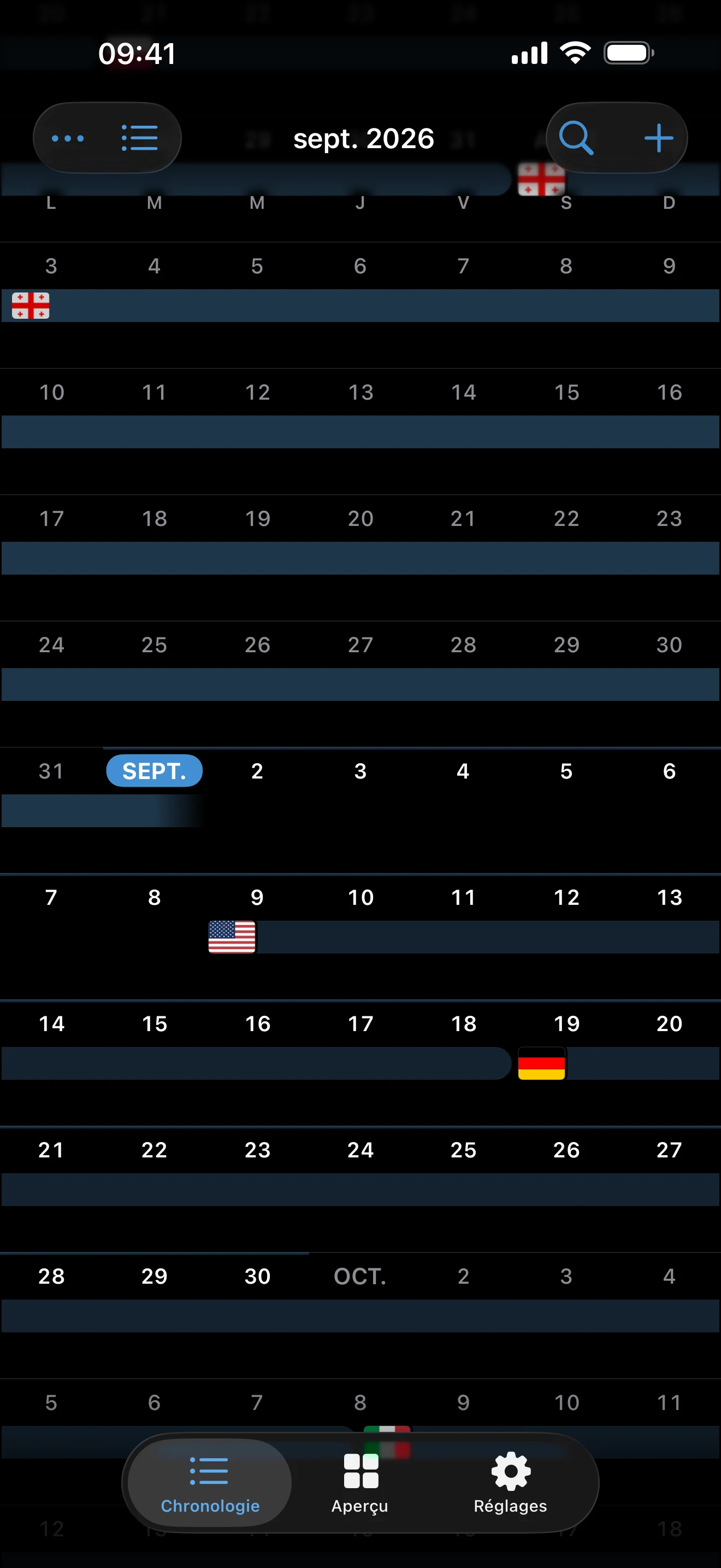 Vue Calendrier avec des voyages couvrant plusieurs dates