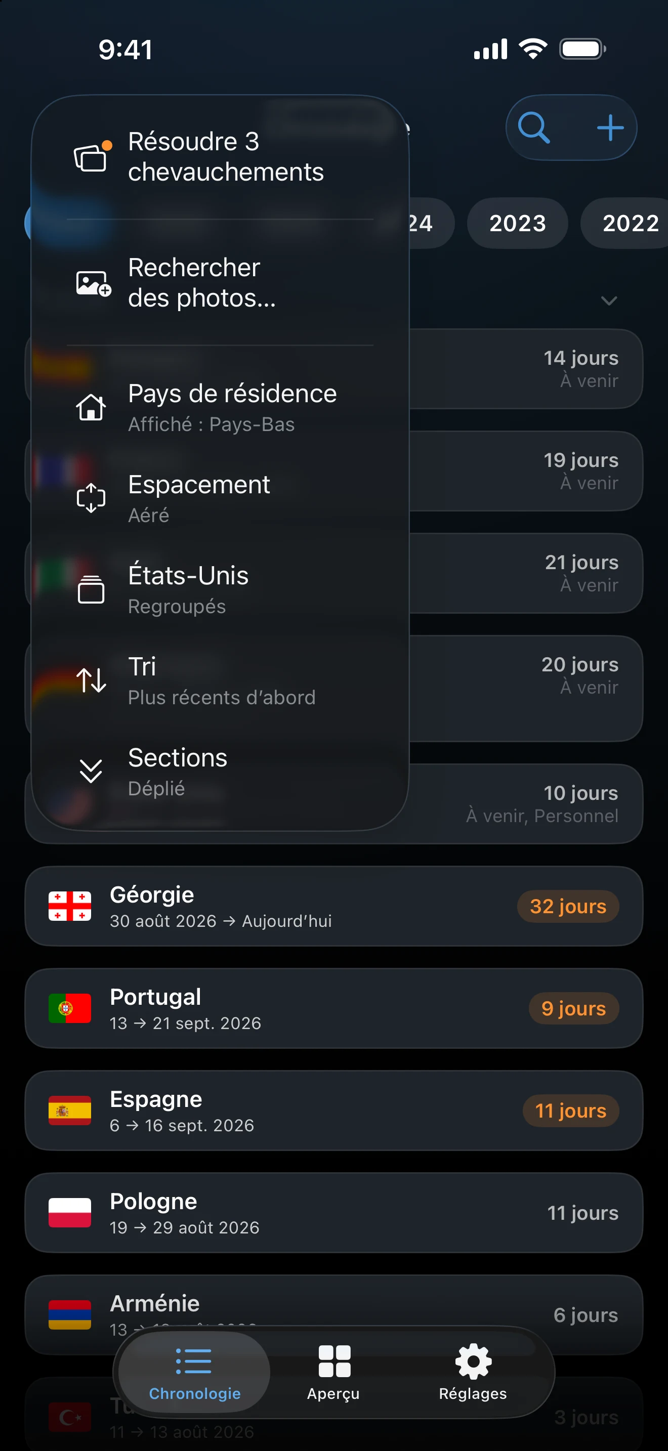 Menu de la Chronologie listant Résoudre les chevauchements, Rechercher des photos, Pays de résidence, Espacement, États-Unis, Tri et Sections
