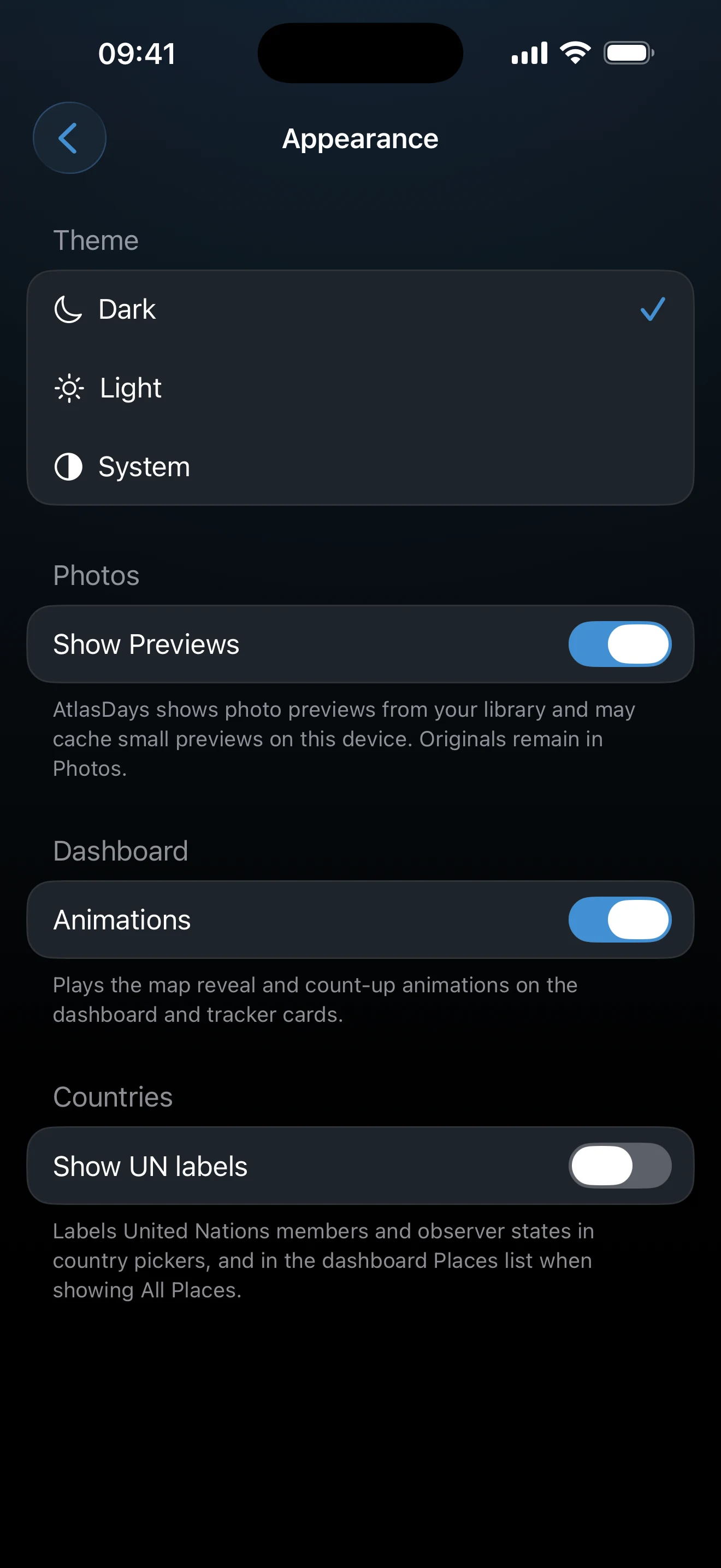 Appearance and personalization settings with theme and accent choices