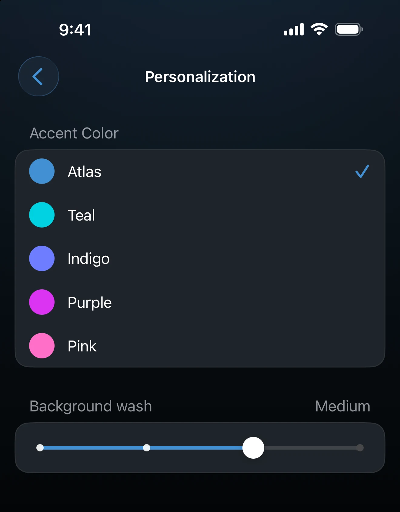 Personalization screen with accent colors and the background wash slider