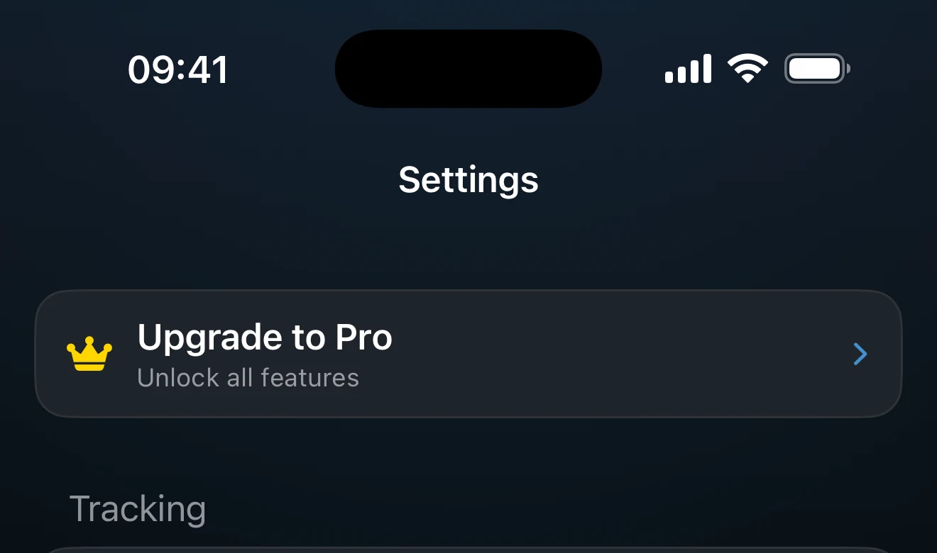 Settings screen with the Upgrade to Pro row