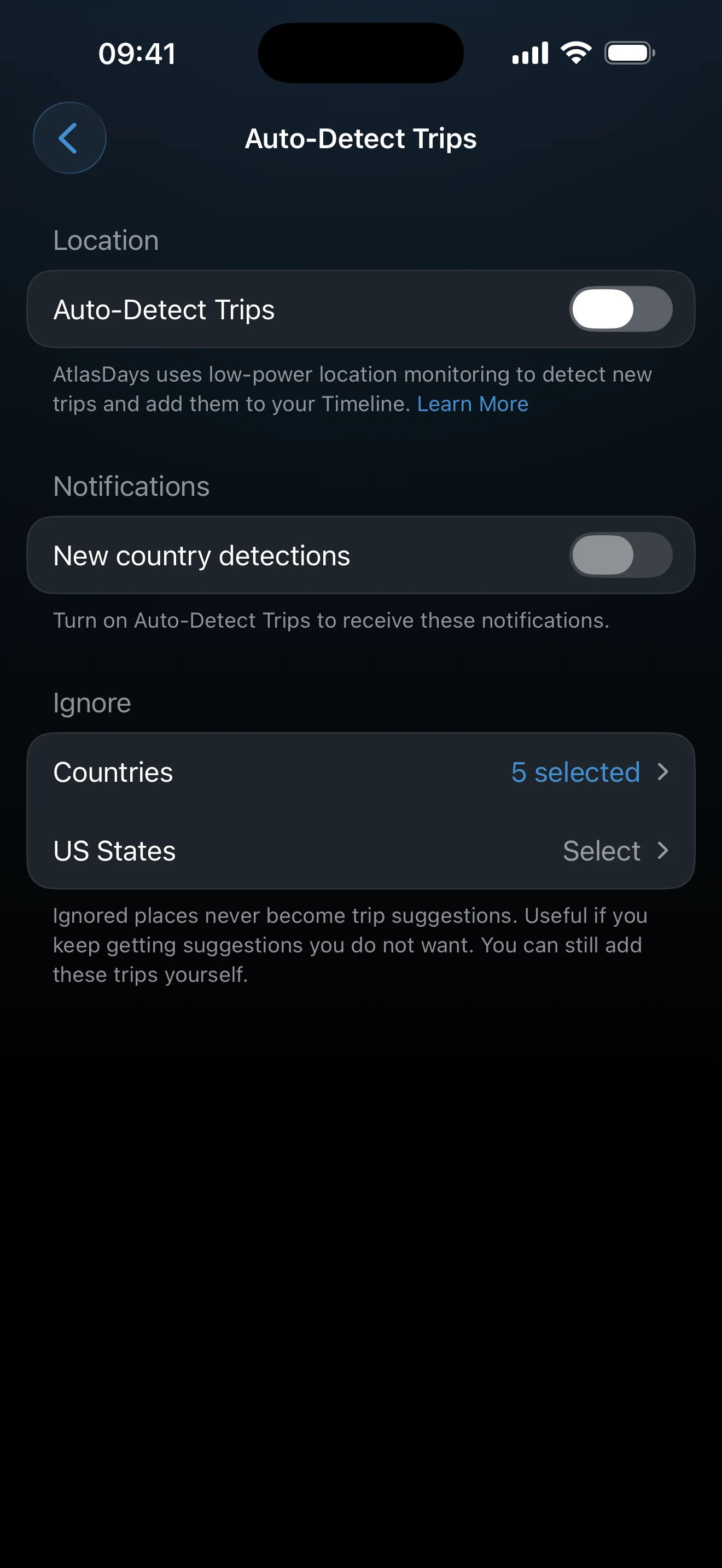 Auto-Detect Trips settings with location and notification controls