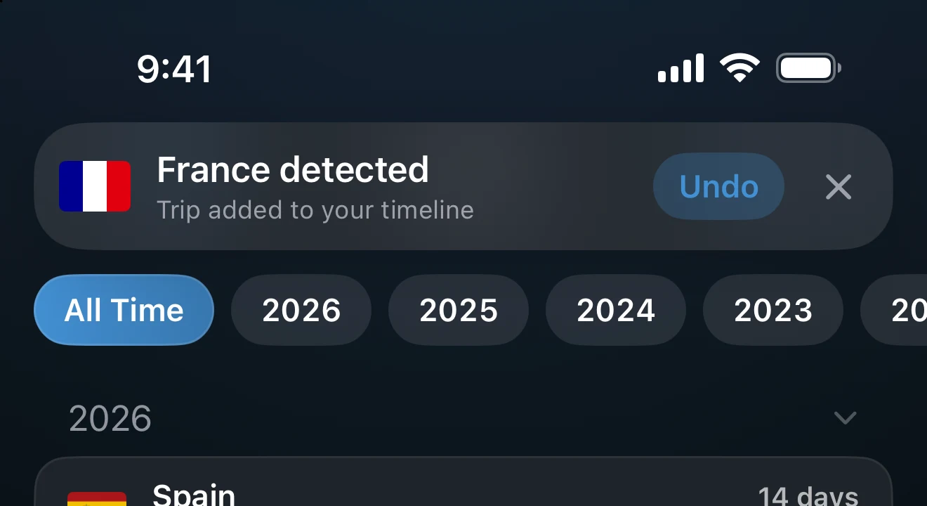 In-app banner announcing a detected country with an Undo button