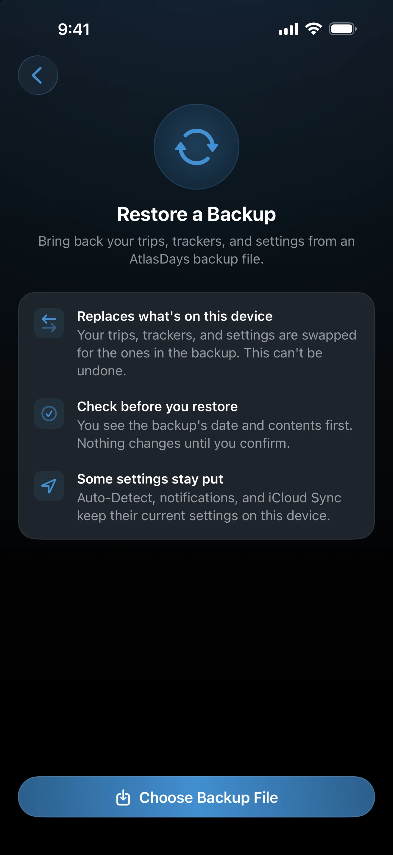 Restore a Backup screen with the Choose Backup File button