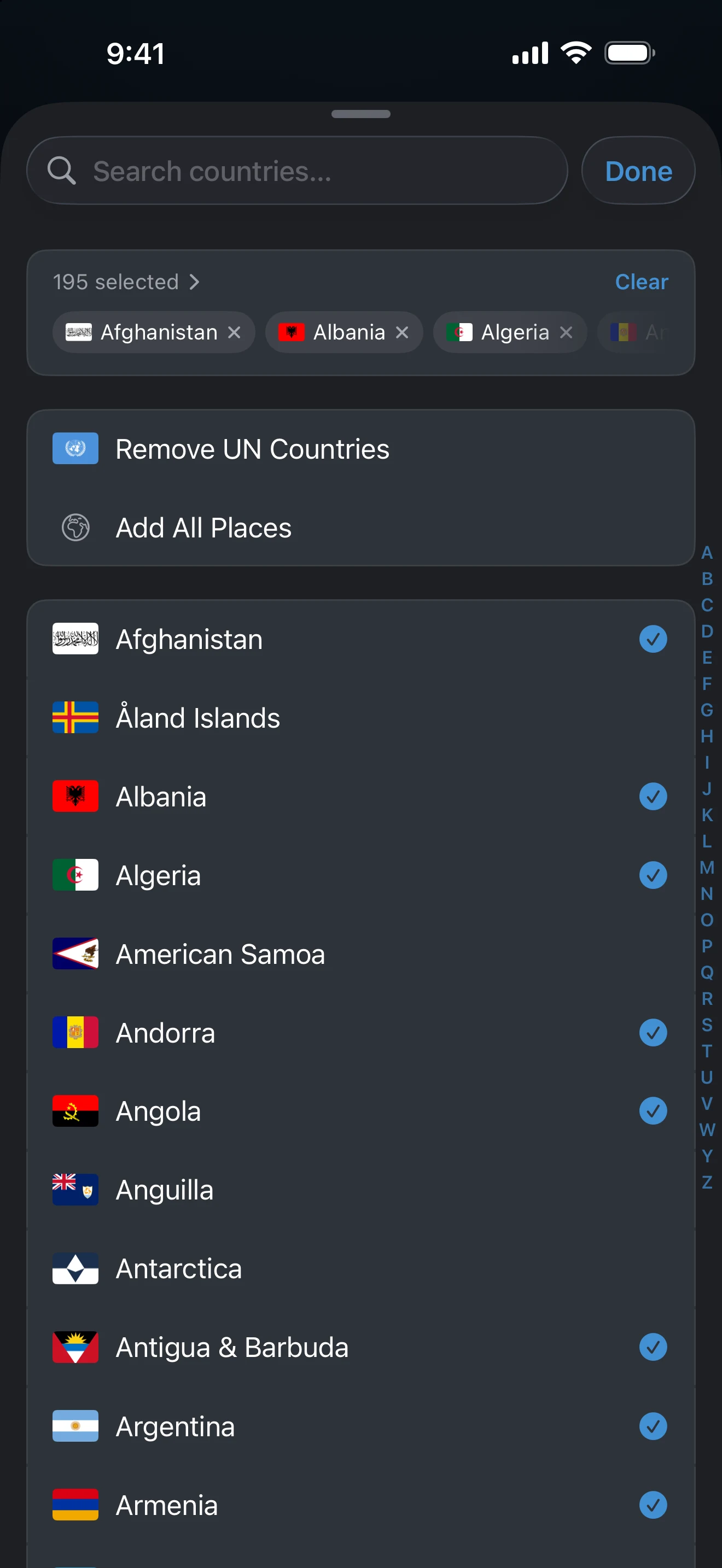 Country Count picker with the UN Countries preset row above the list of places