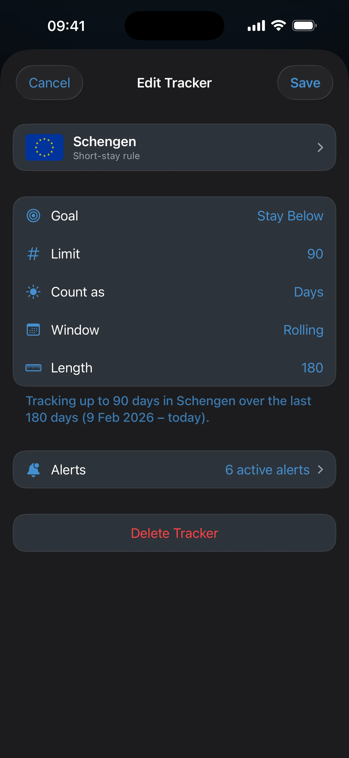 Configured tracker editor showing places, window, and limit