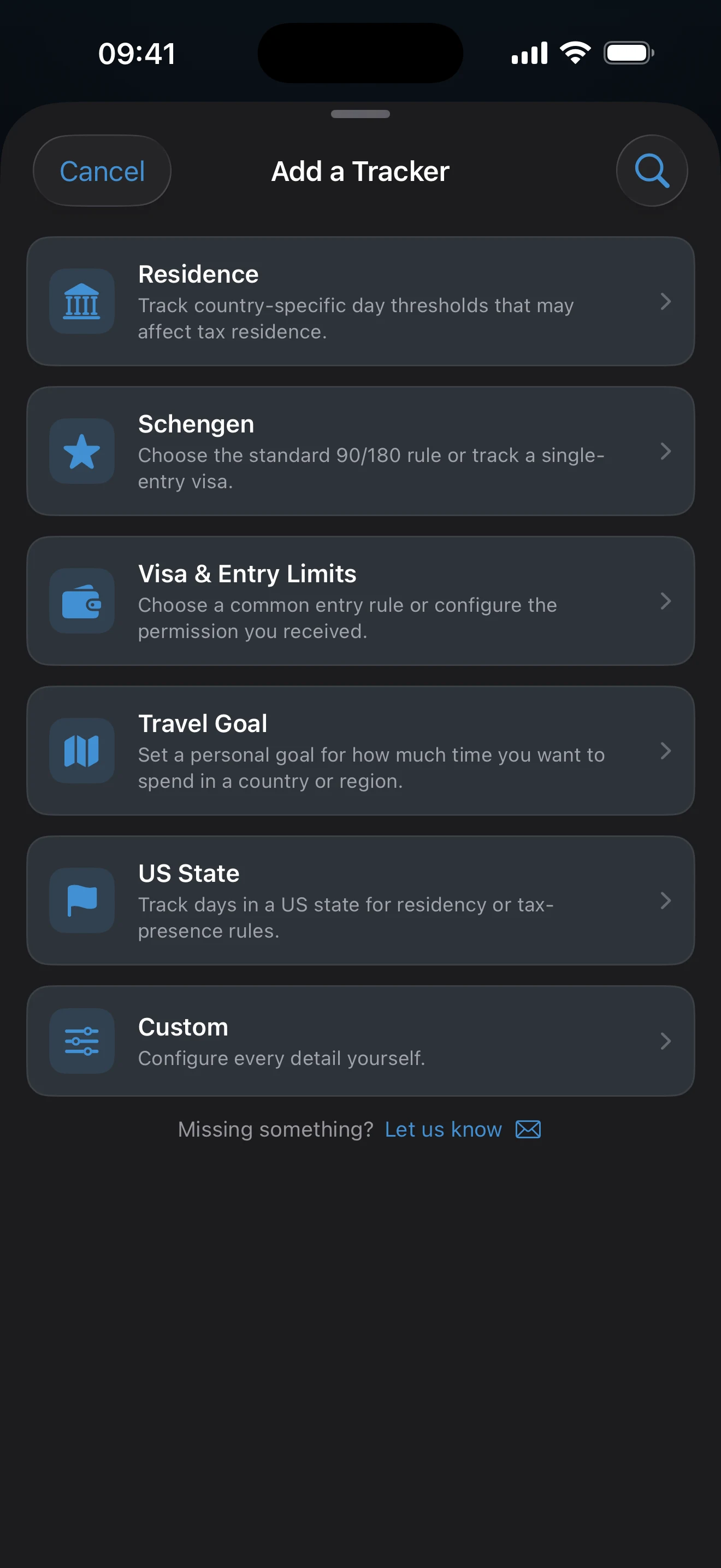 Tracker preset picker with available rules for the chosen category