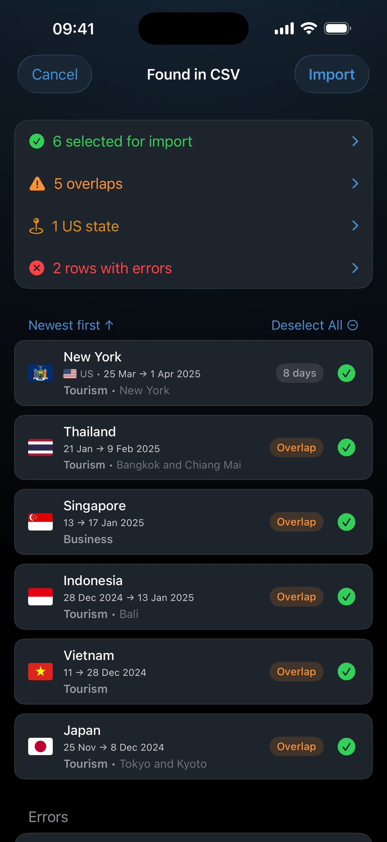 CSV Import preview containing valid, invalid, duplicate, and overlap rows