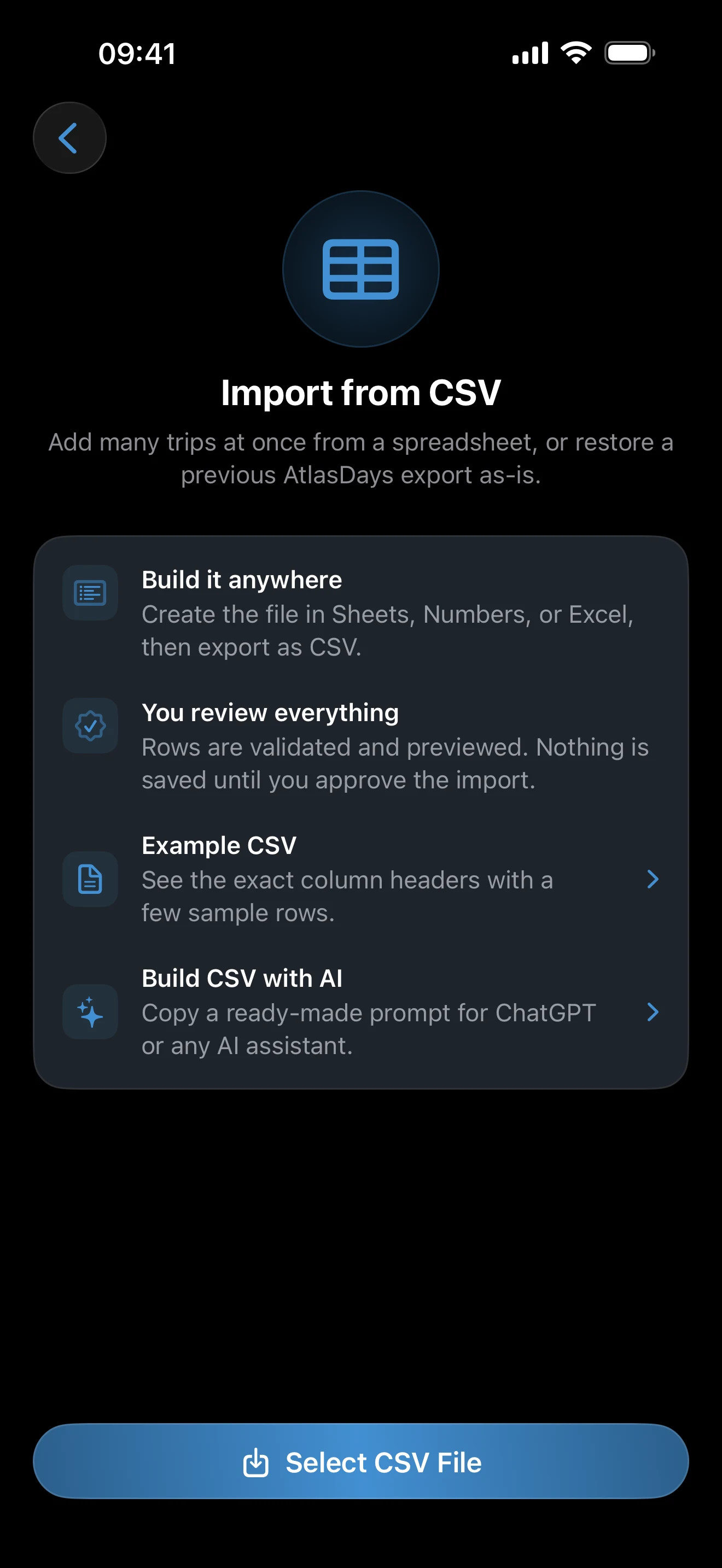 CSV Import setup and example-file controls