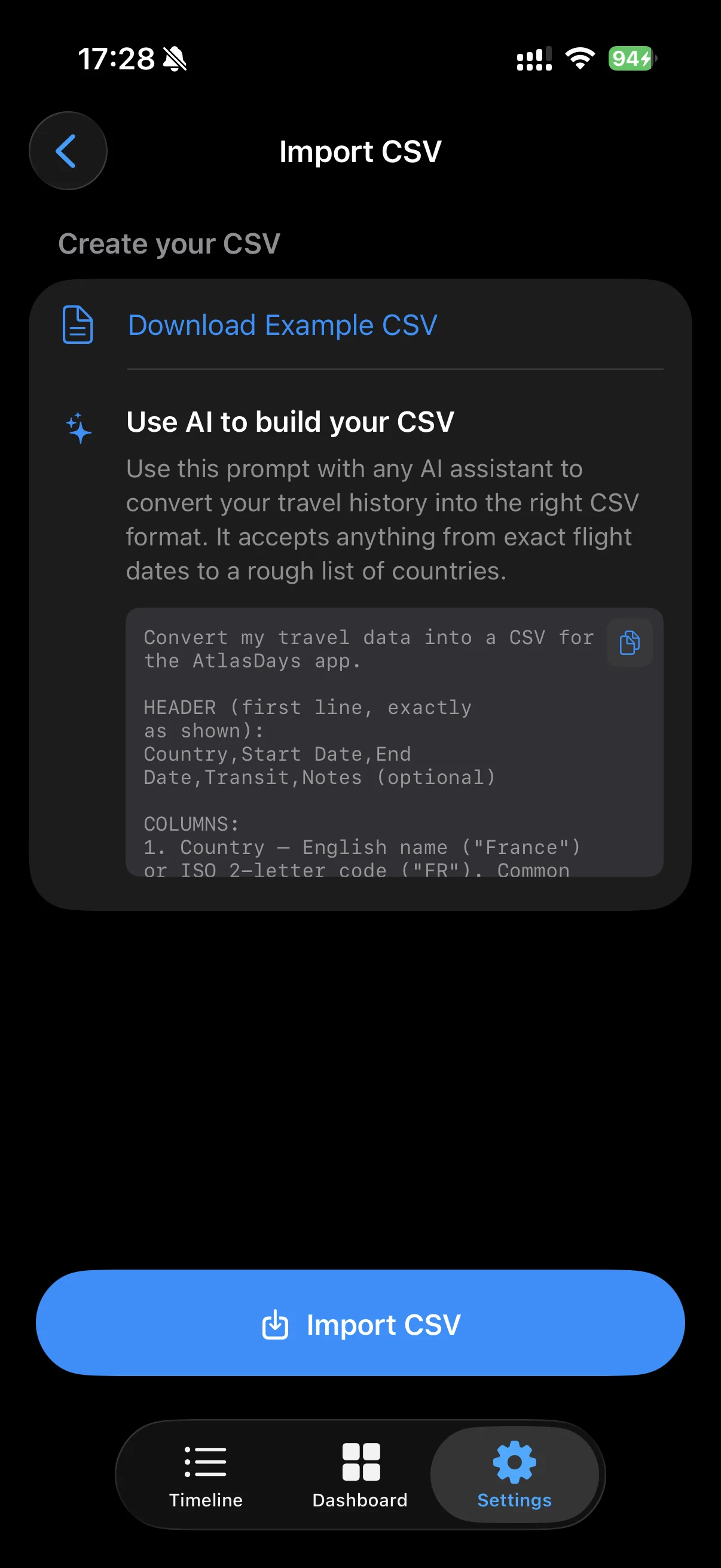 Import Preview screen showing Trips to Import, Errors, and duplicate rows sections