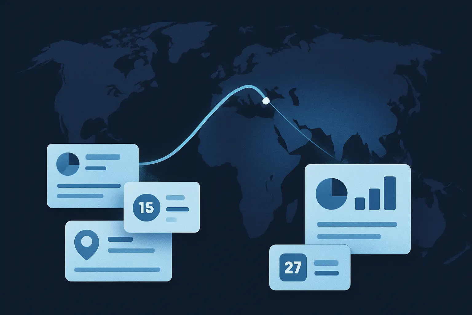 Hero illustration for Dashboard and Map, showing world map, summary cards, and country-highlight motifs in the AtlasDays visual style.