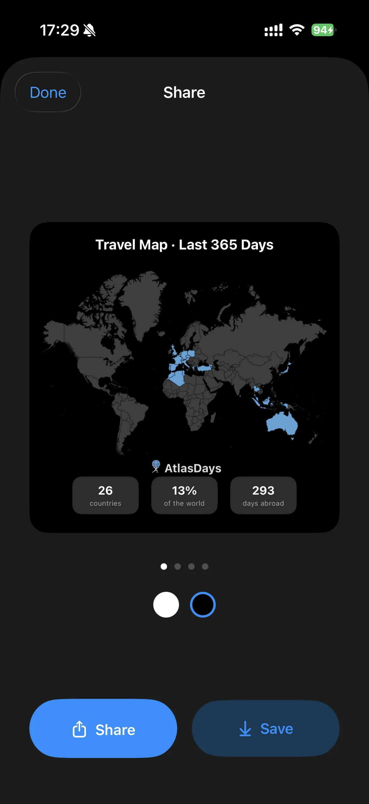 Share cards carousel showing a card with map snapshot and stats