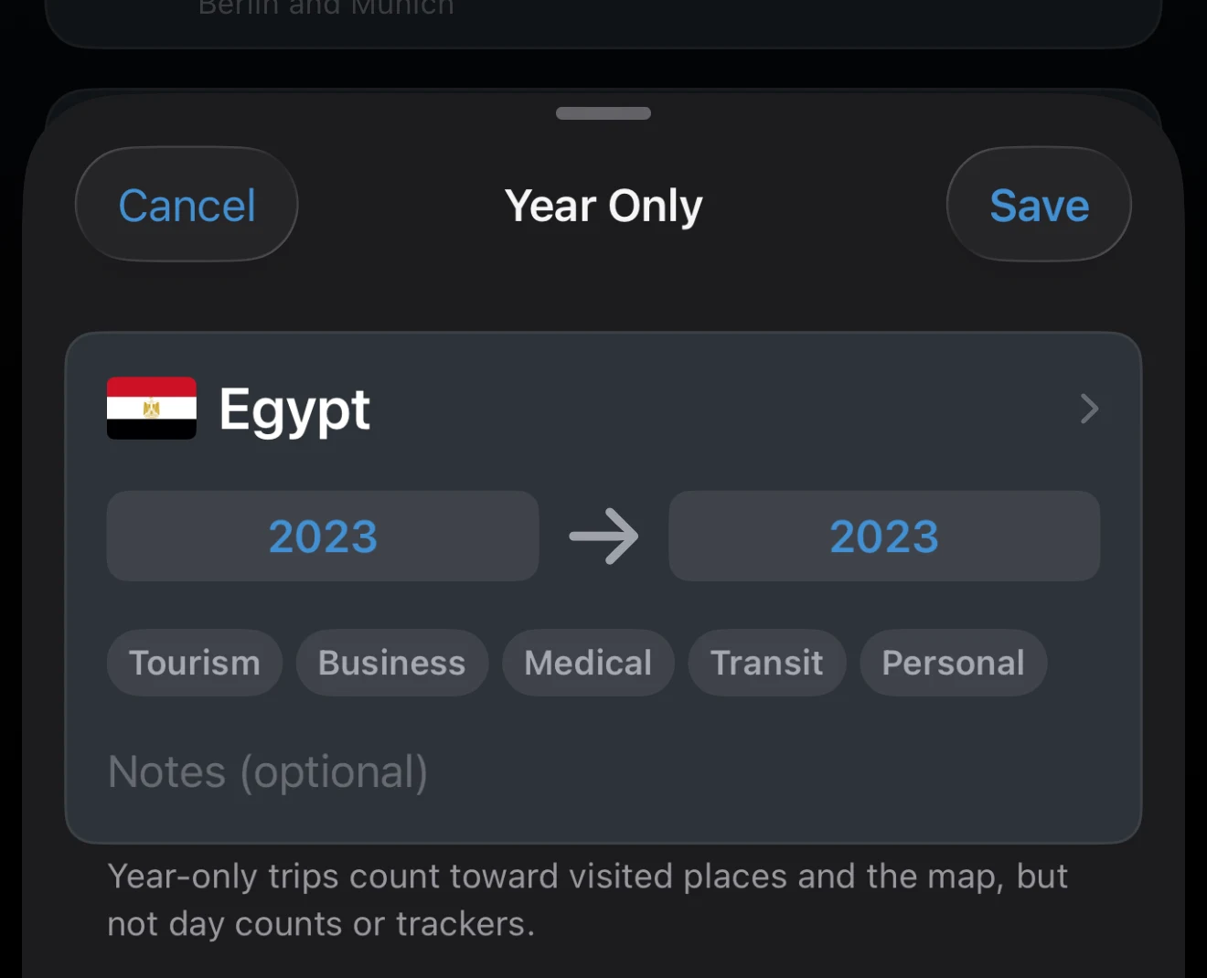 Trip editor with Year precision selected