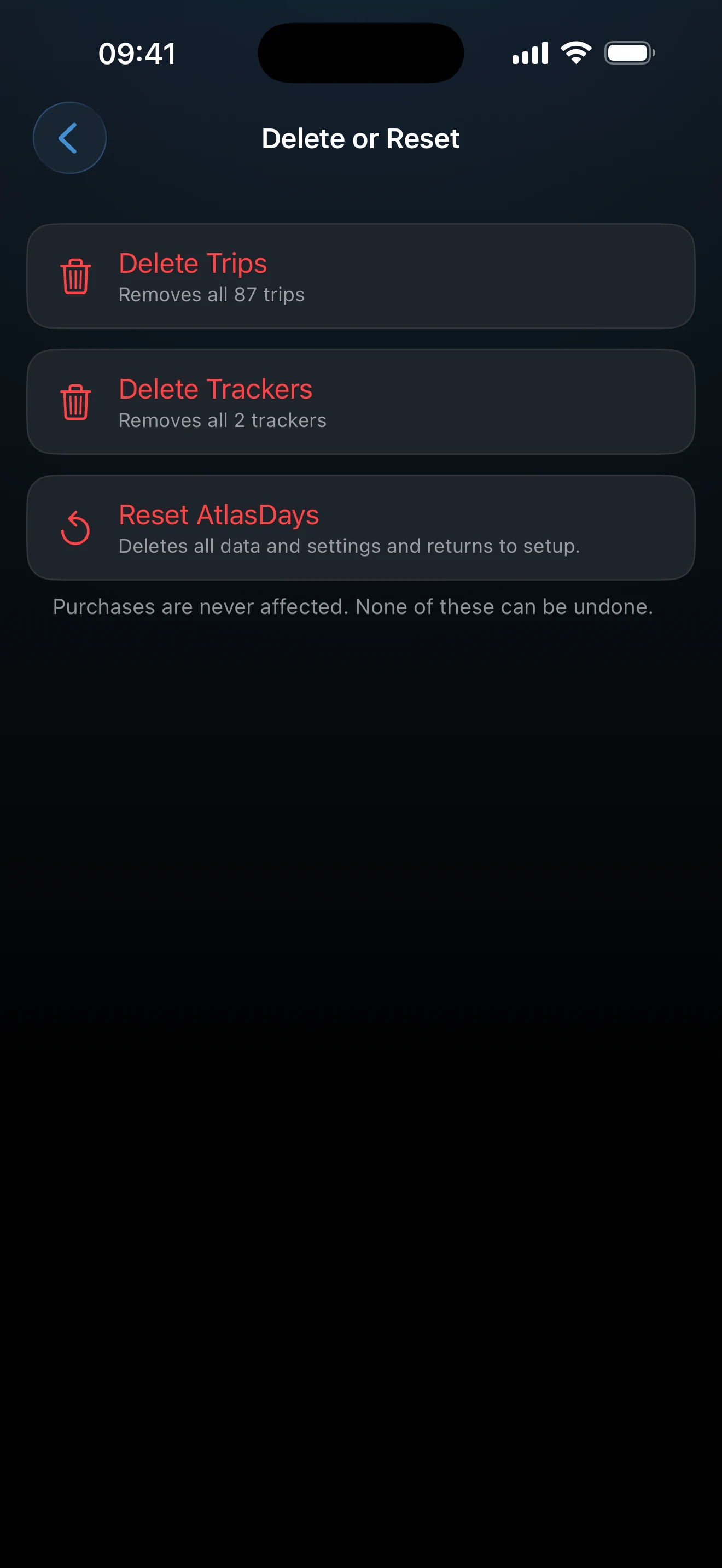 Delete or Reset screen listing available actions