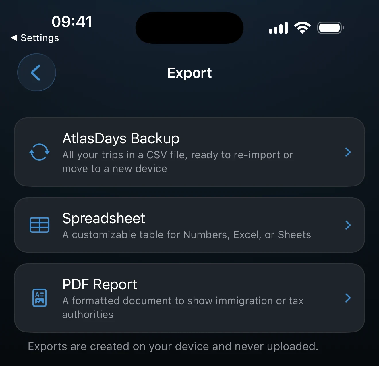 Export hub with AtlasDays CSV, Spreadsheet, and PDF options