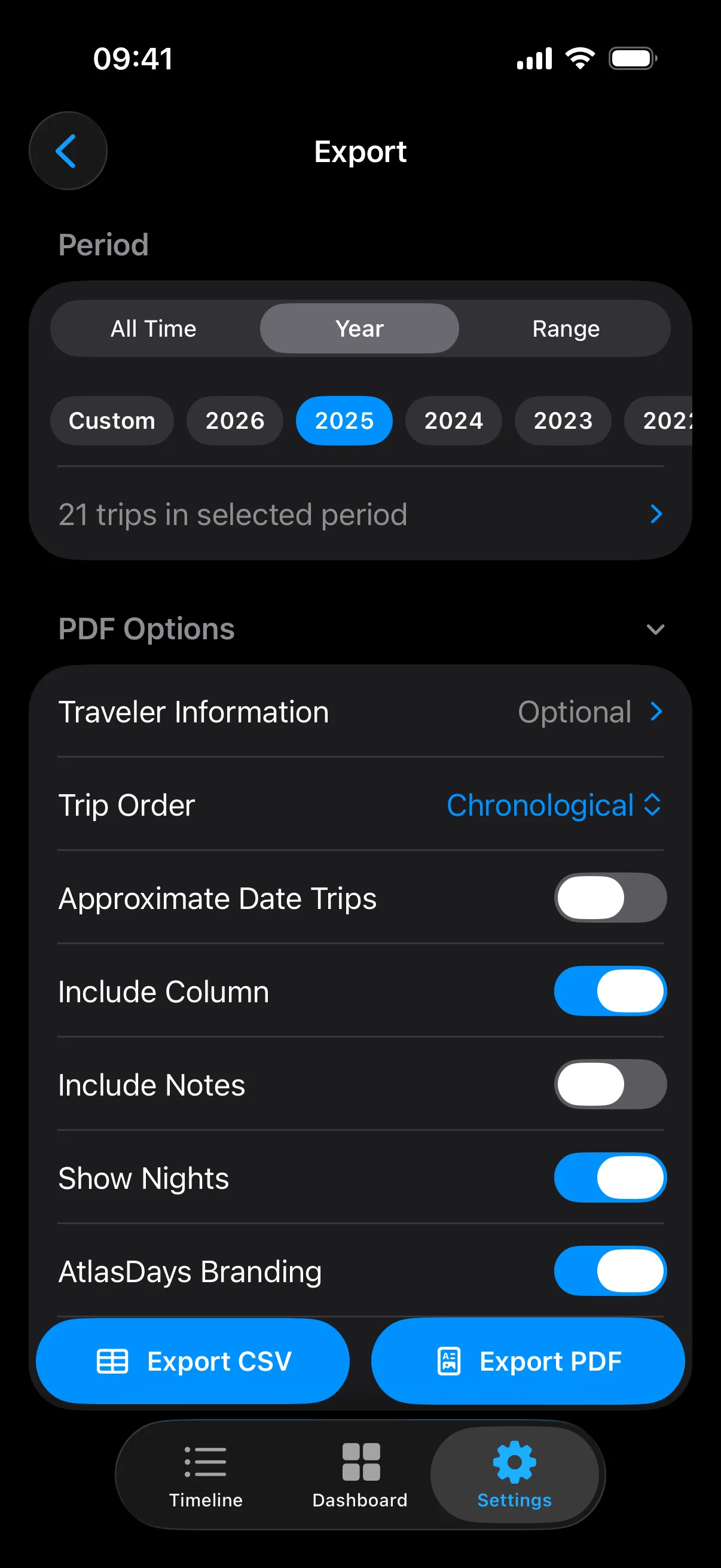 Export screen showing All Time, Year, and Range period options with CSV and PDF export buttons
