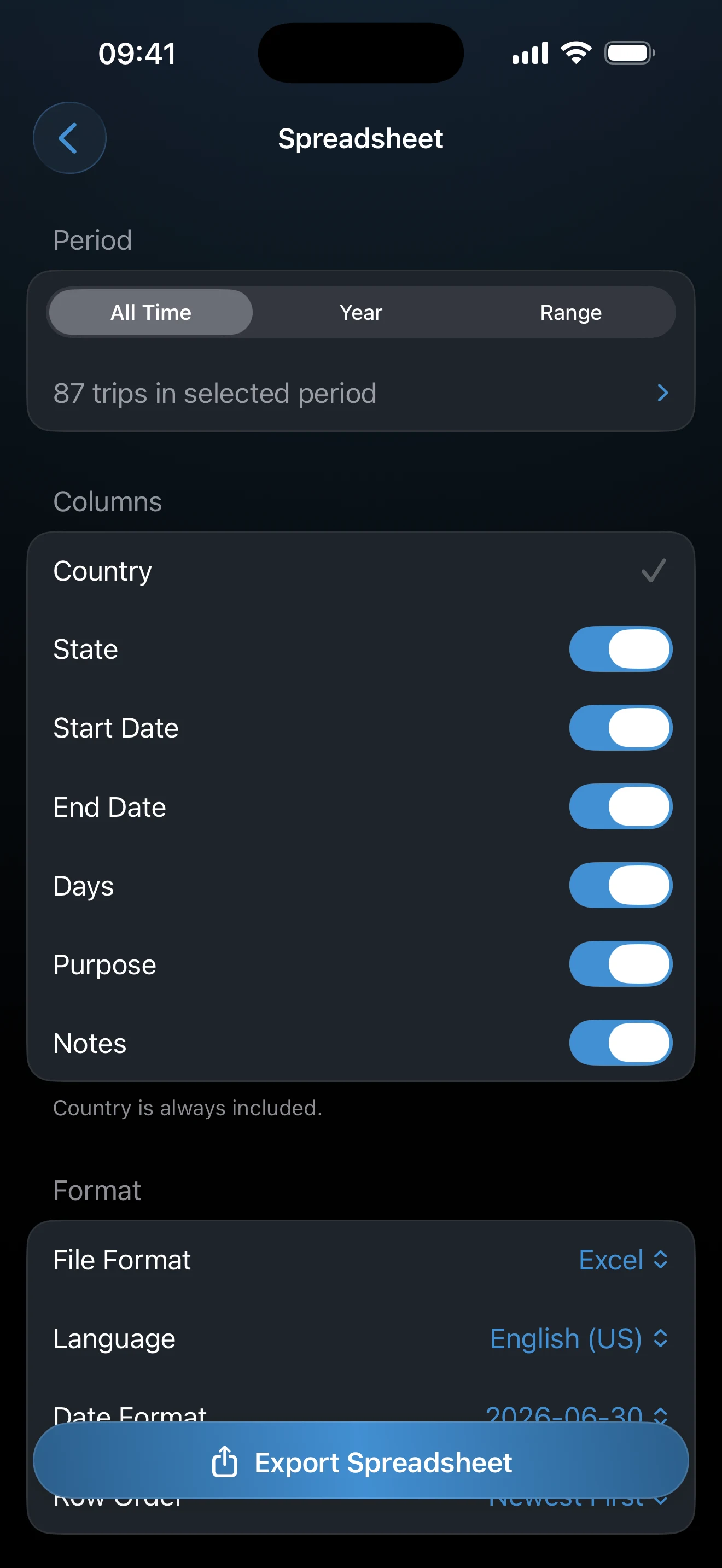 Spreadsheet export configuration with format and date options