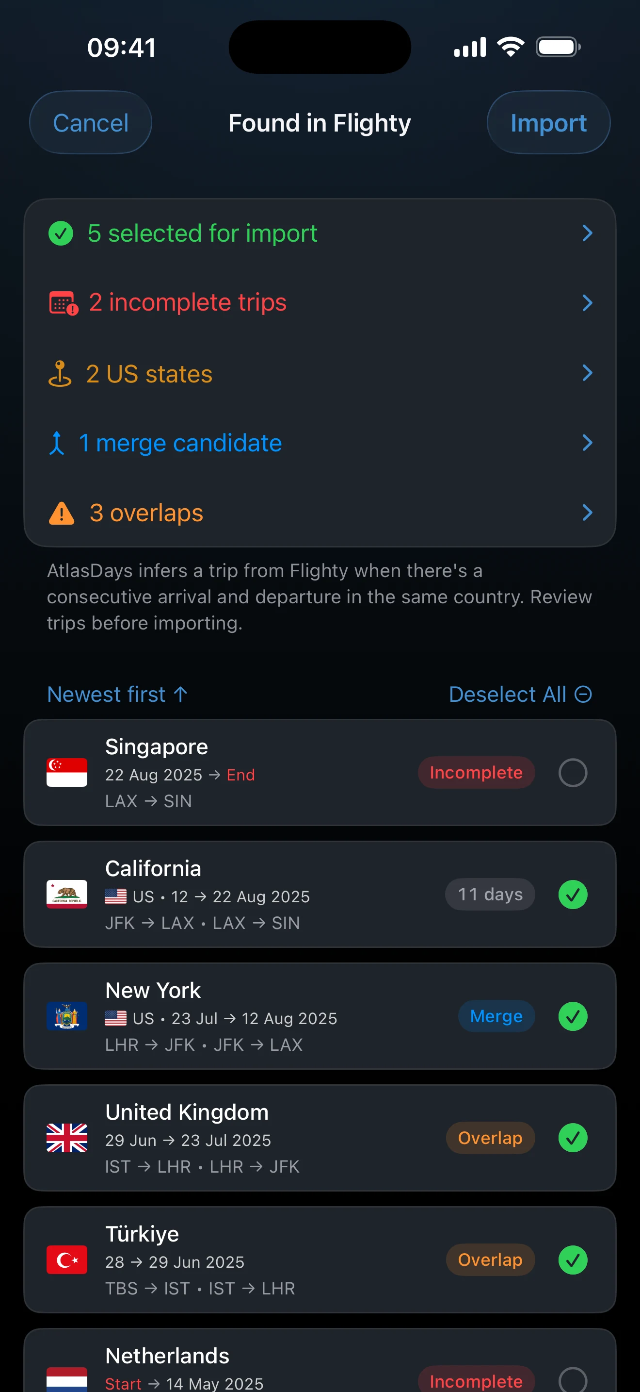 Flighty Import preview with stays, transit, and warnings