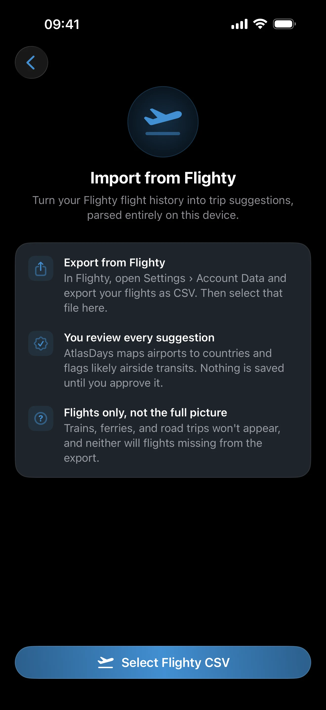 Import from Flighty setup screen