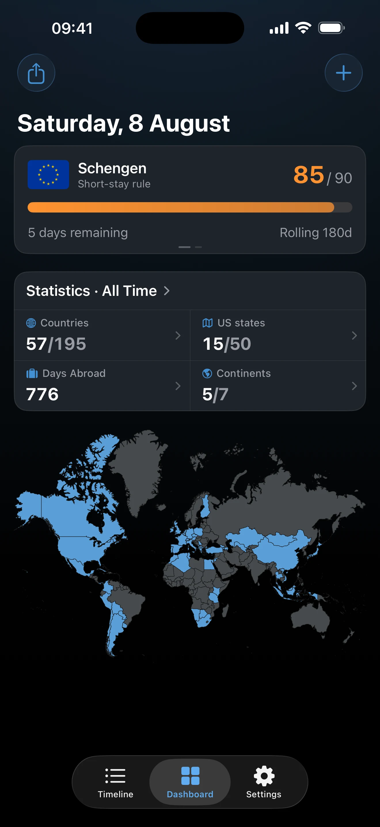 AtlasDays Dashboard showing day totals, trackers, and the world map