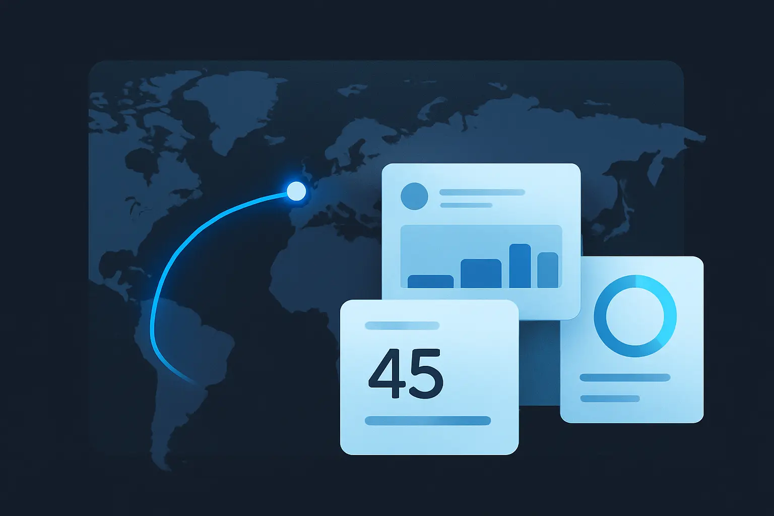 Hero illustration for Getting Started, showing world map, summary cards, and country-highlight motifs in the AtlasDays visual style.