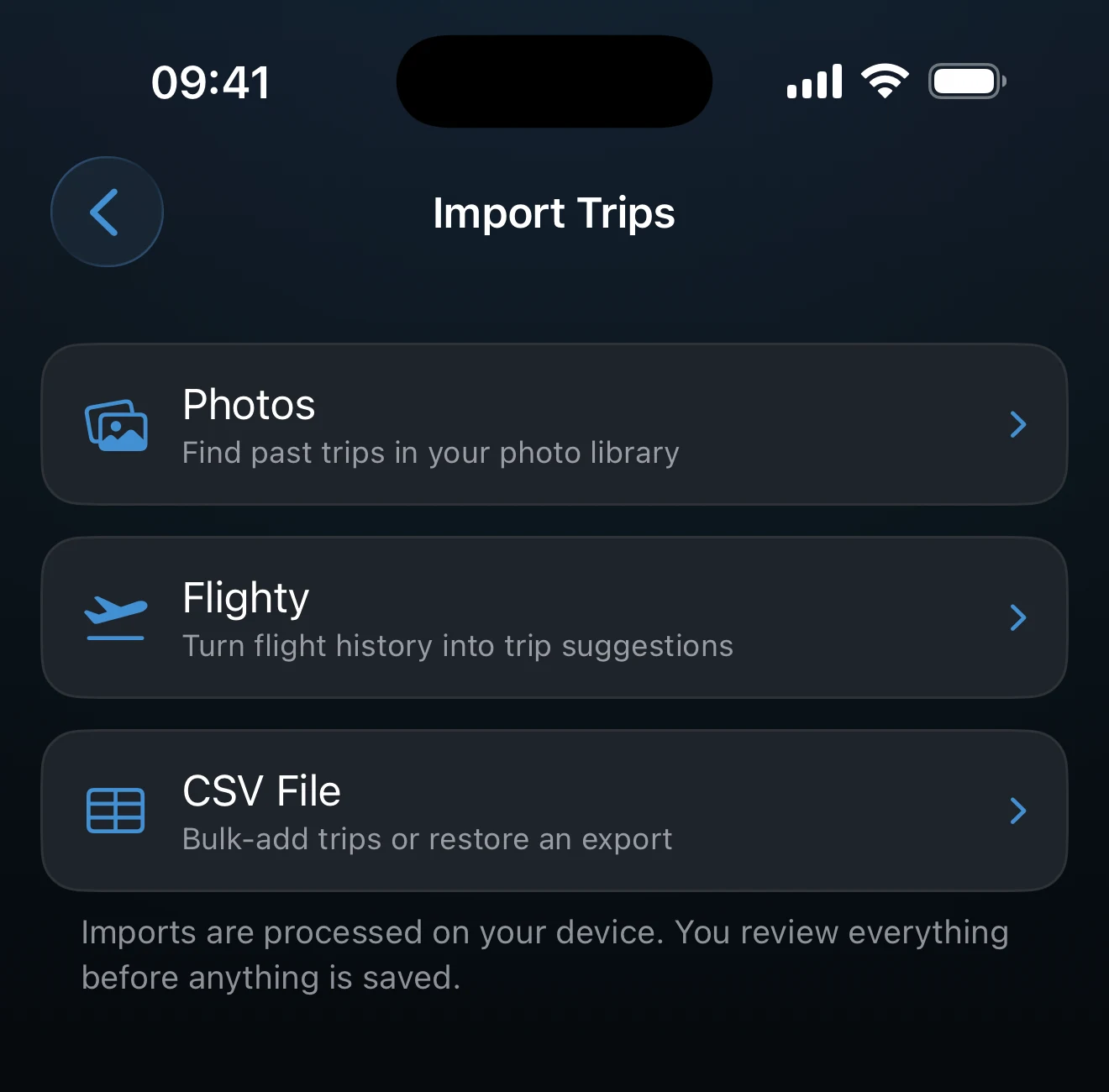 Import screen listing Photos, Flighty, and CSV options
