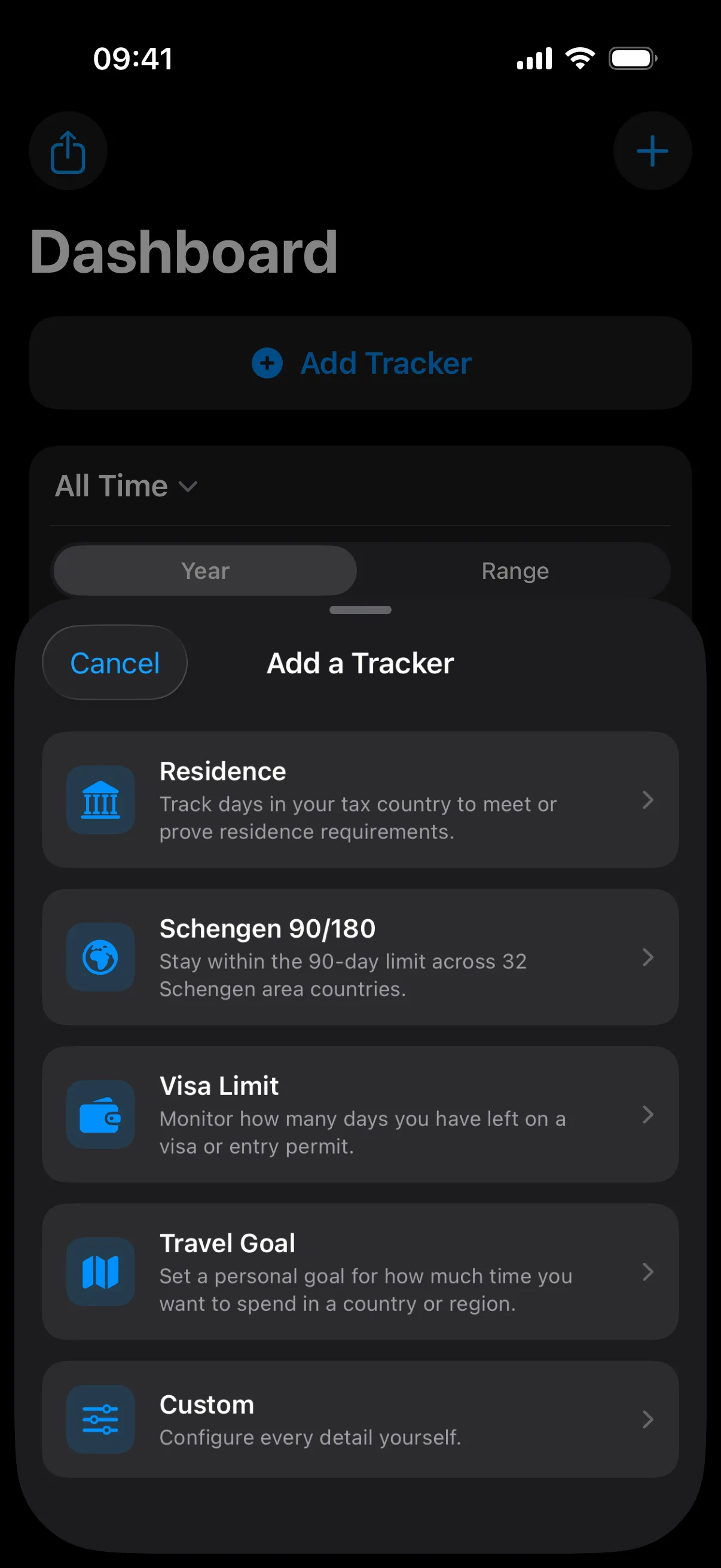 Dashboard showing the Add Tracker entry point with the tracker preset sheet open