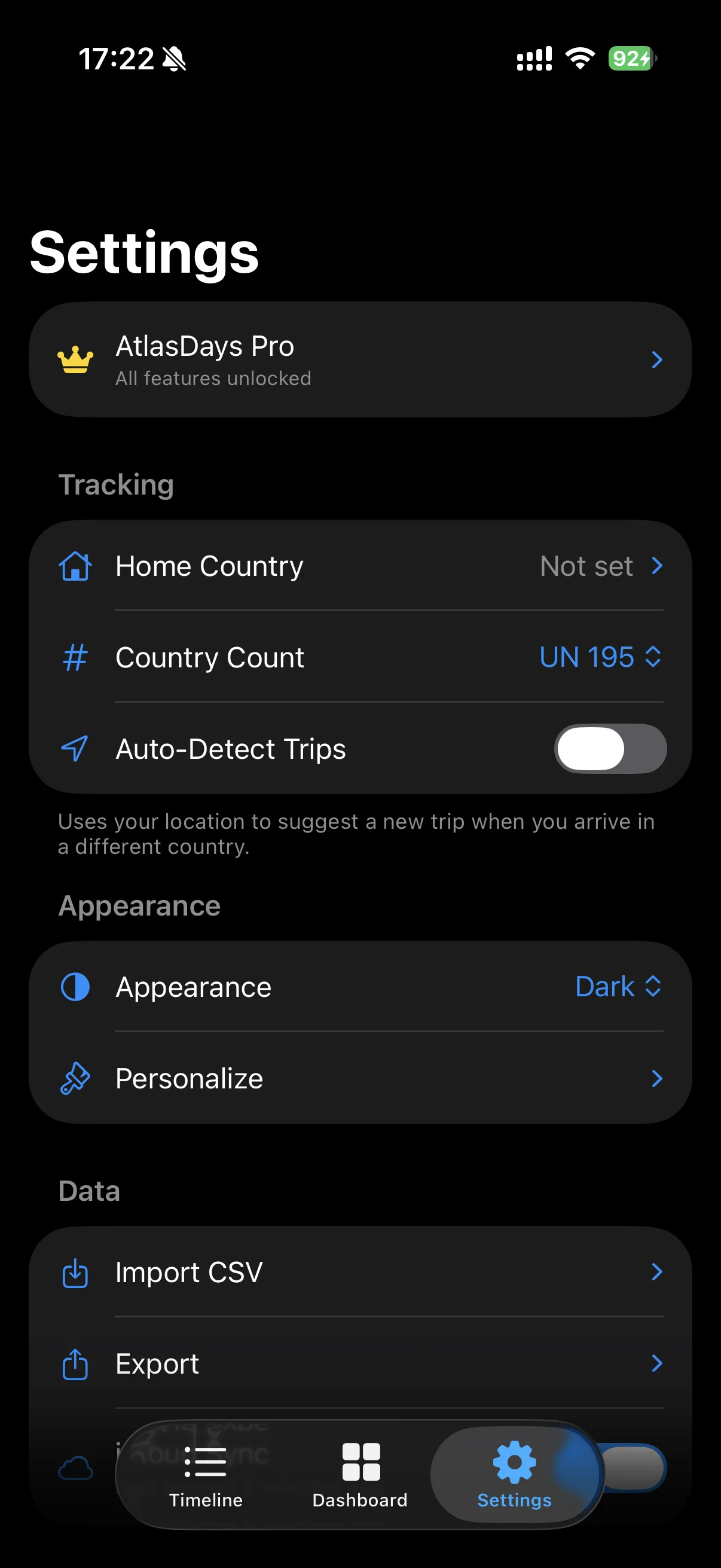 Settings screen showing the Home Country field