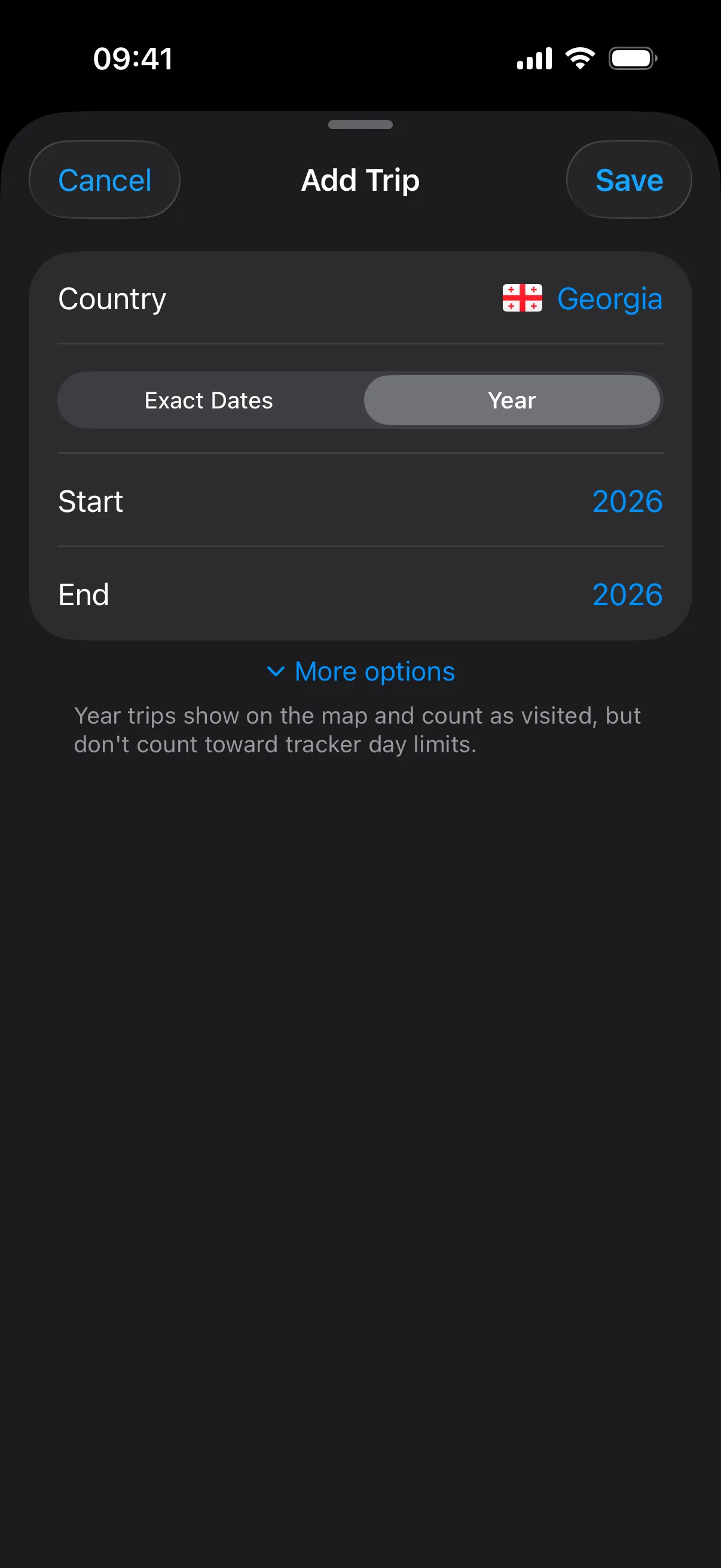 Trip creation sheet with Year mode selected for approximate history entries