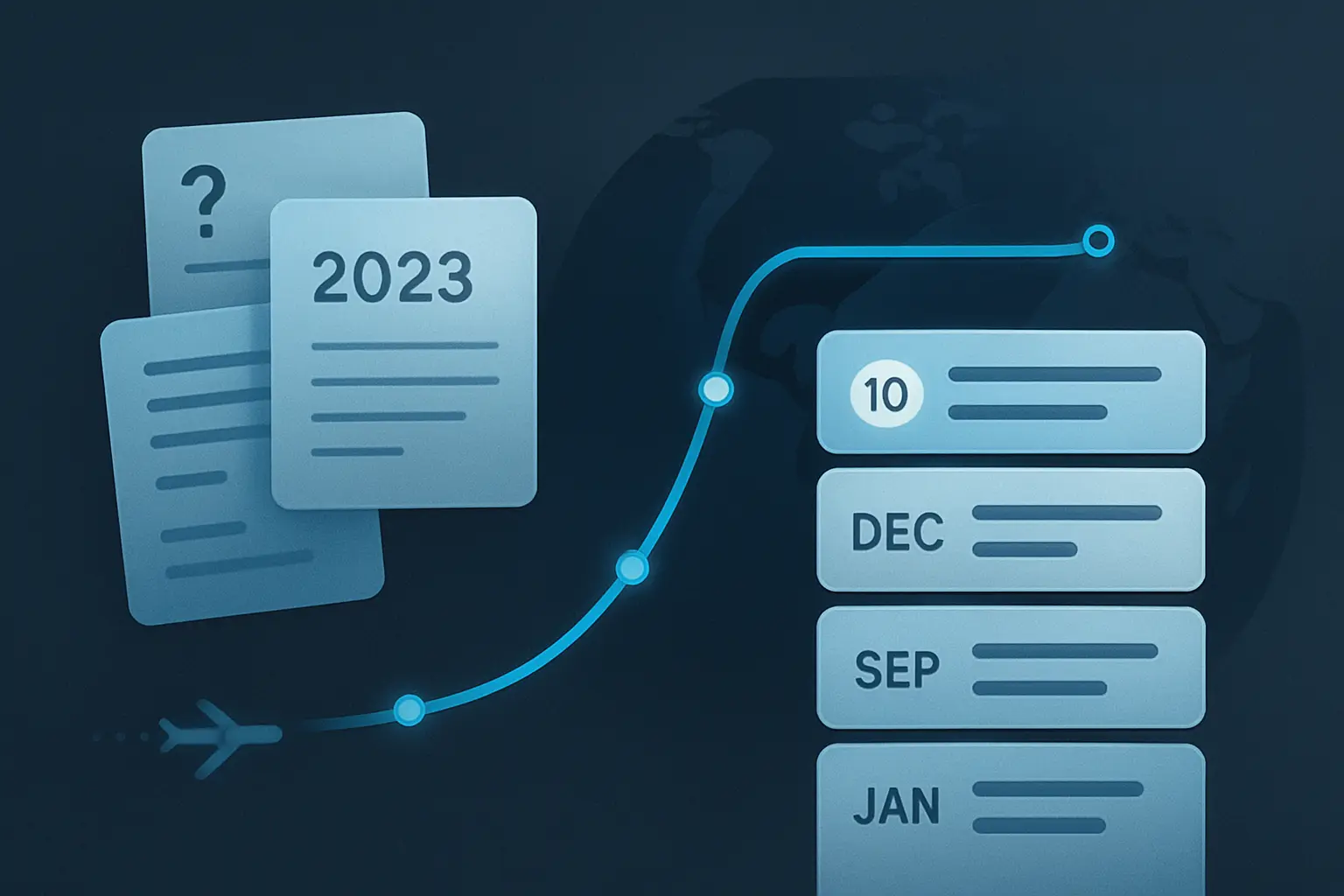 Hero illustration for Trip Modes and Record Quality, showing timeline cards, date markers, and structured travel-record motifs in the AtlasDays visual style.