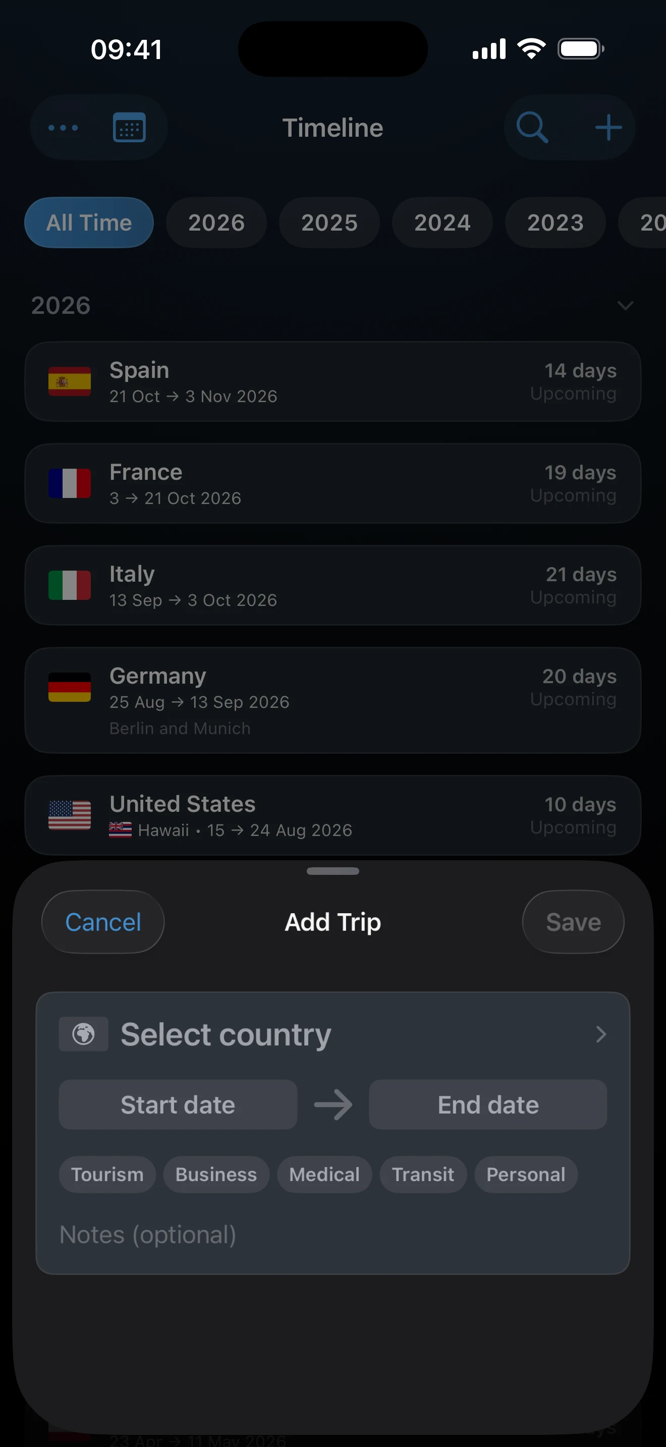 Add Trip sheet with country, dates, and purpose