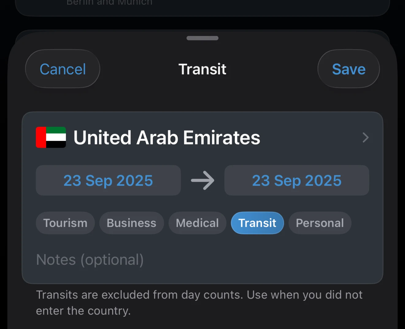 Trip with the Transit purpose selected