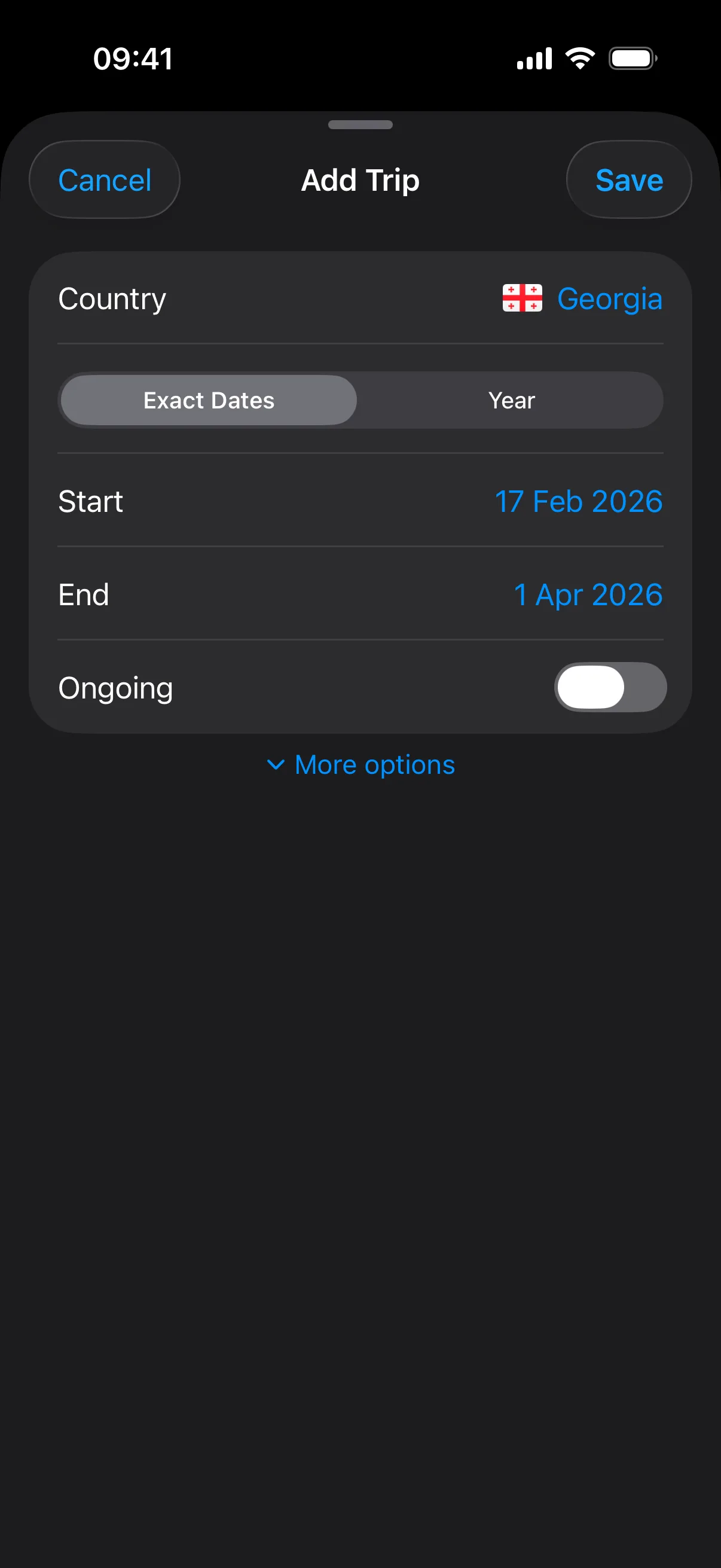 Trip creation sheet with Exact Dates mode selected