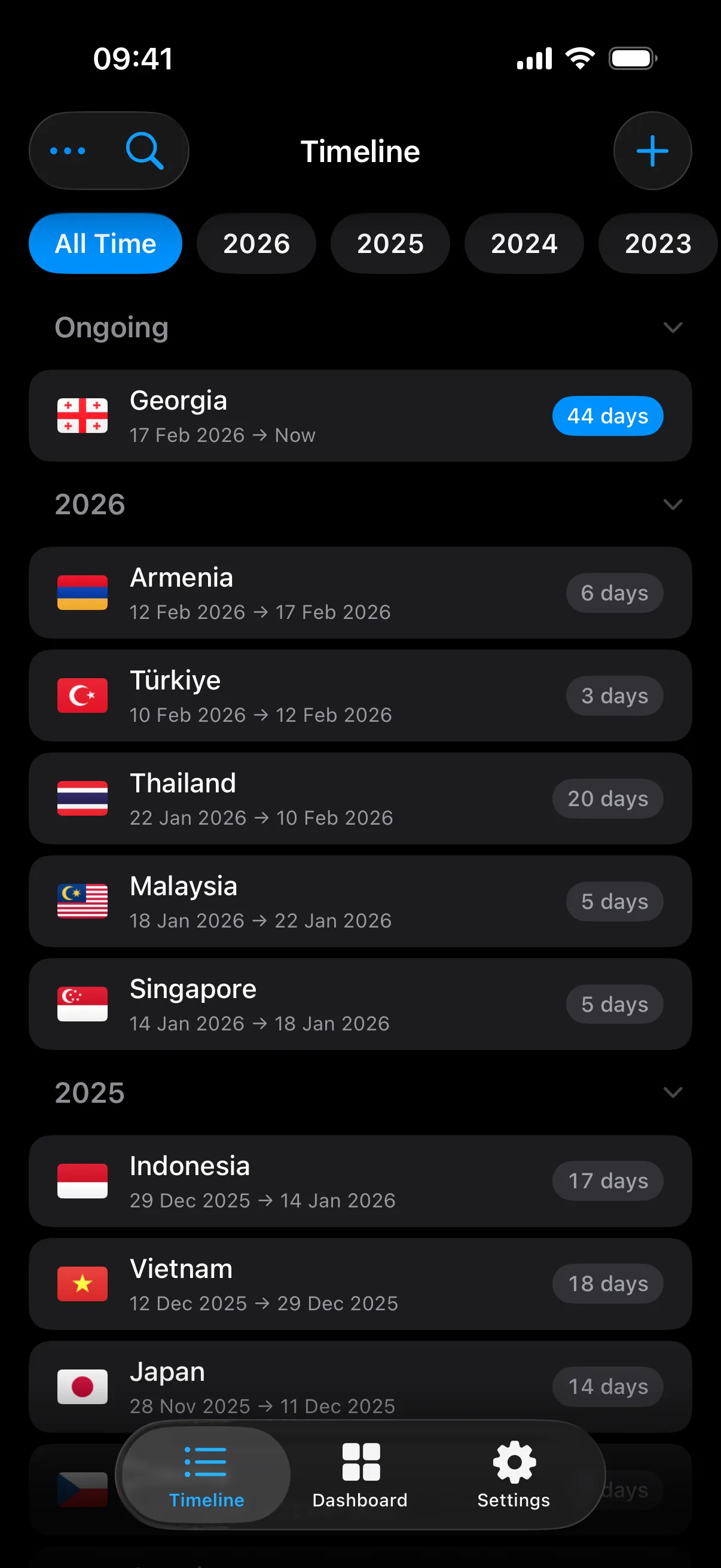 Timeline showing ongoing and year-grouped sections with visible day badges