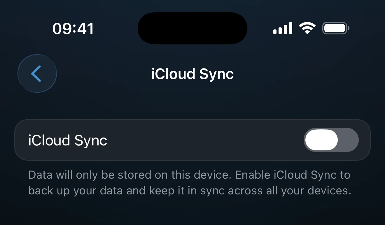 iCloud Sync settings showing status, last activity, and data count