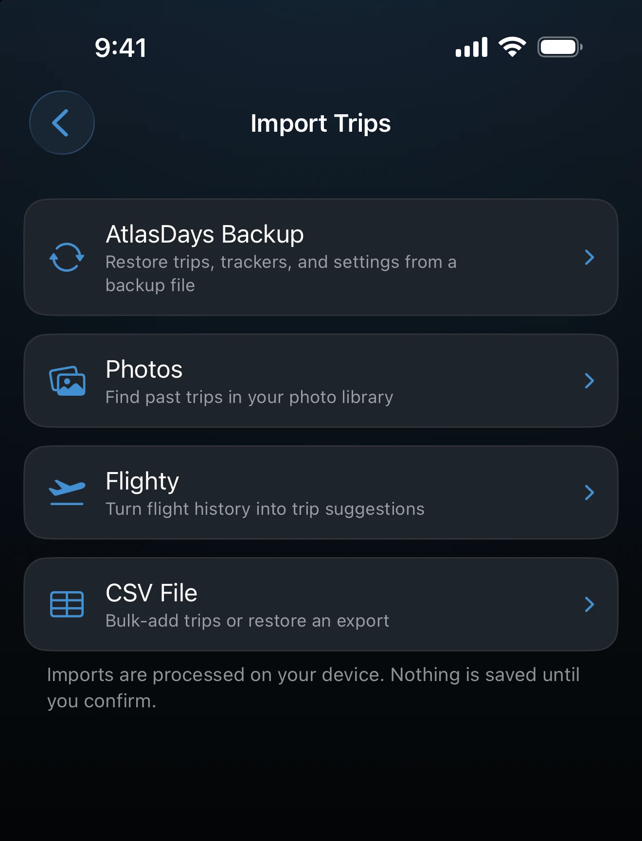 Import Trips screen listing AtlasDays Backup, Photos, Flighty, and CSV File