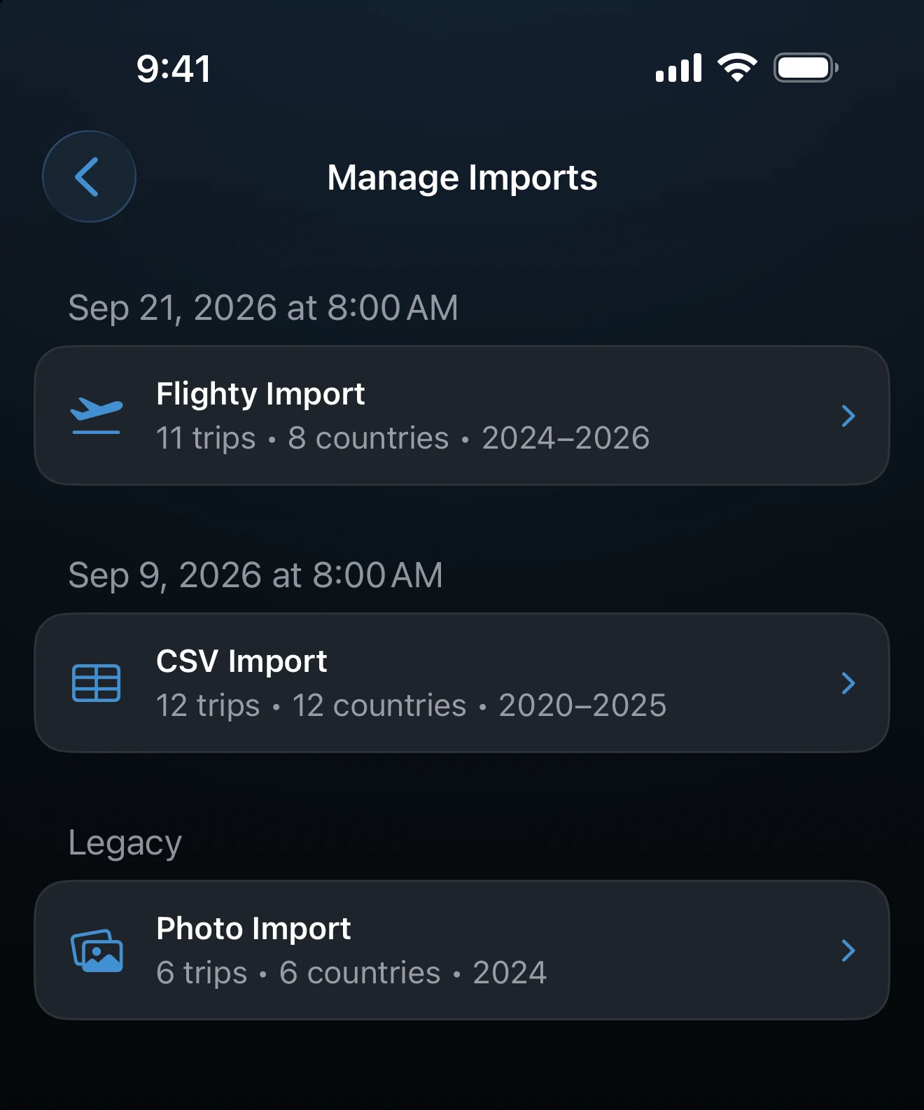 Manage Imports listing each import with its trip and country counts