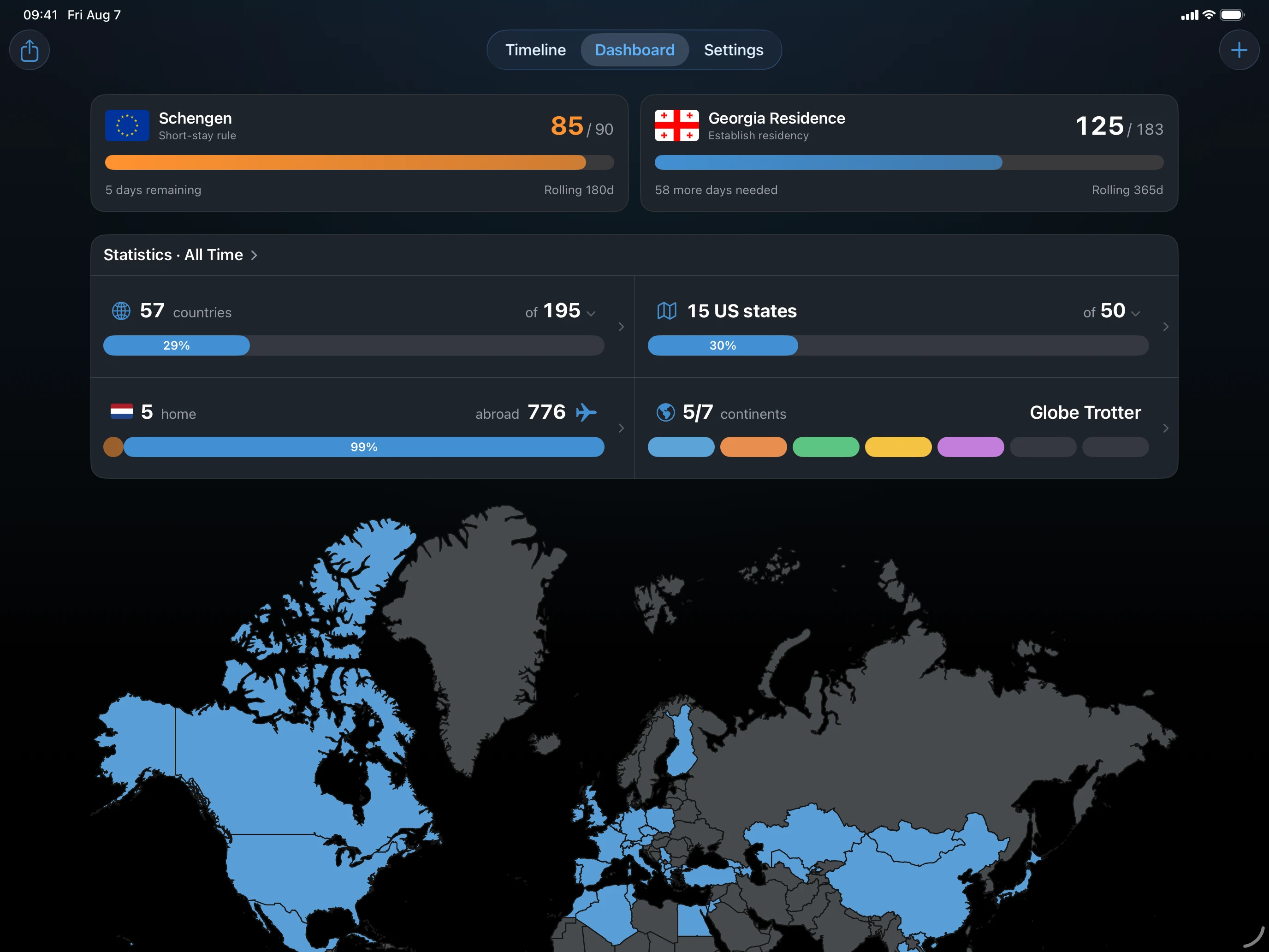 AtlasDays iPad Dashboard with expanded map