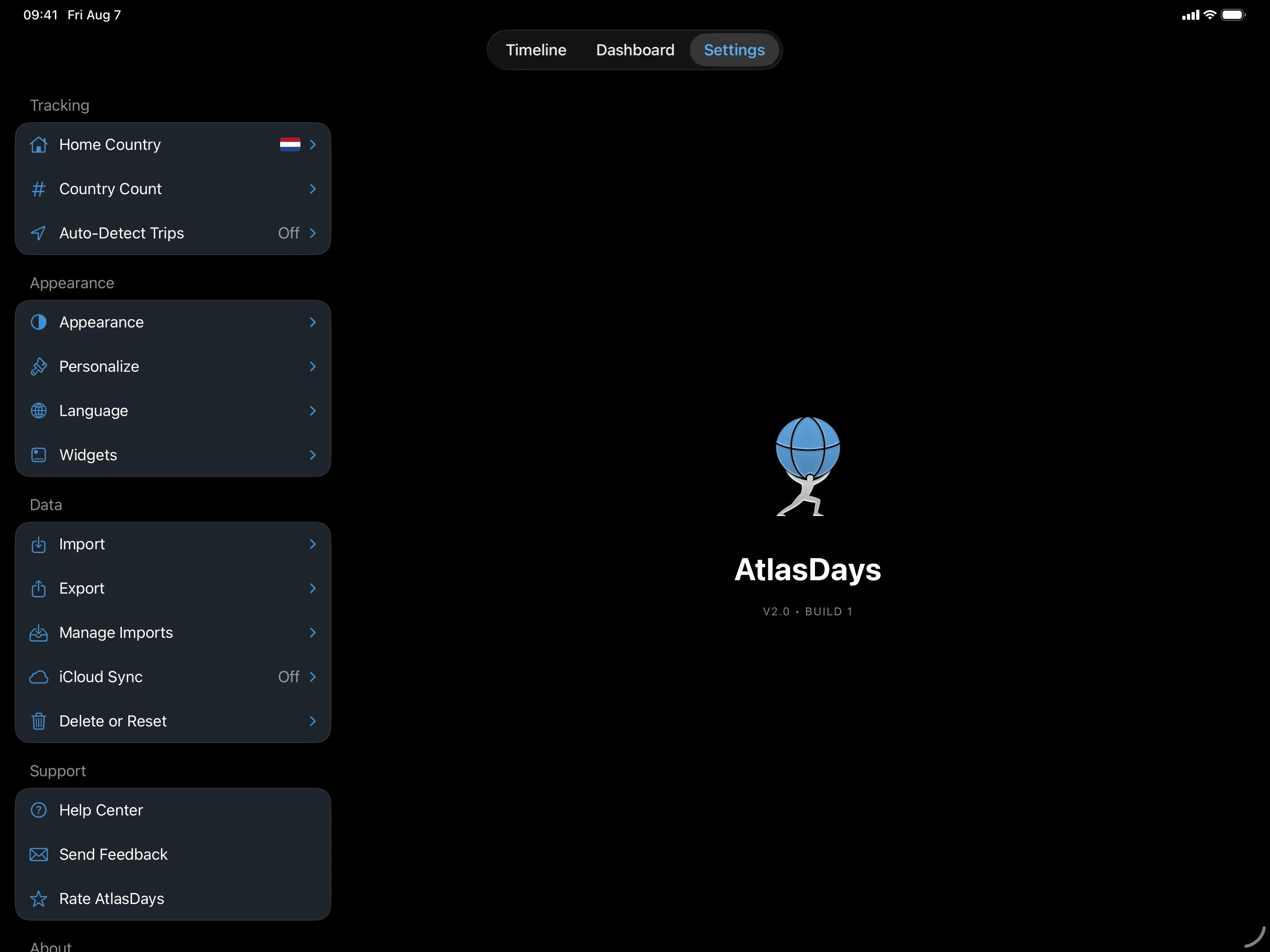 AtlasDays iPad Settings with sidebar and detail pane
