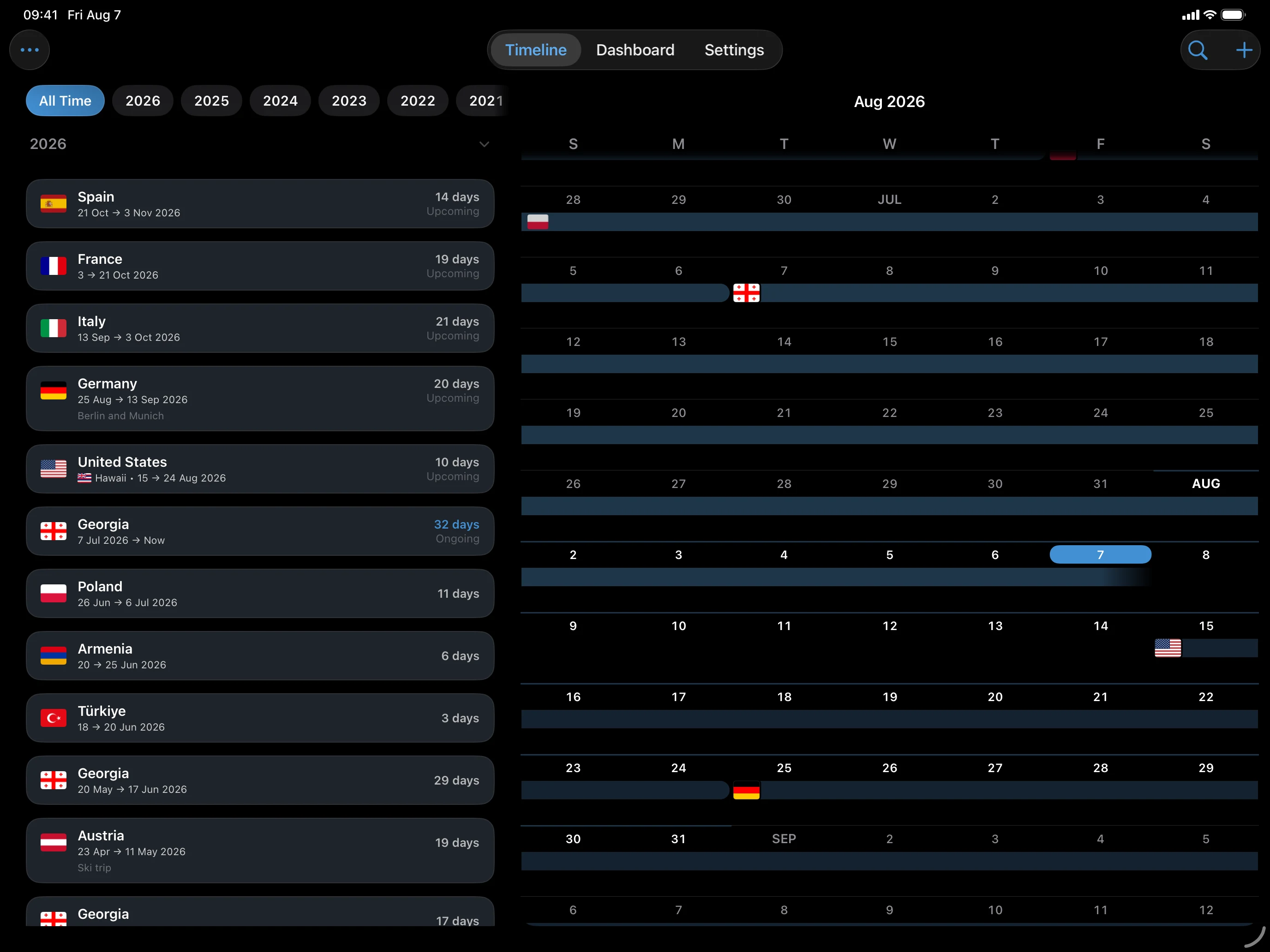 AtlasDays iPad Timeline with list and trip detail panes