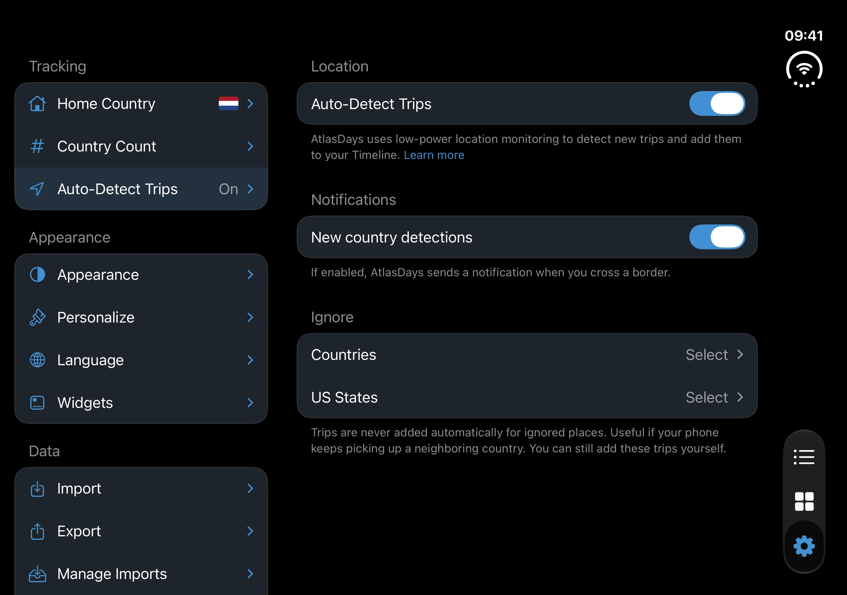 Impostazioni di iPhone Duo aperto con la barra laterale e accanto la pagina Rilevamento soggiorni
